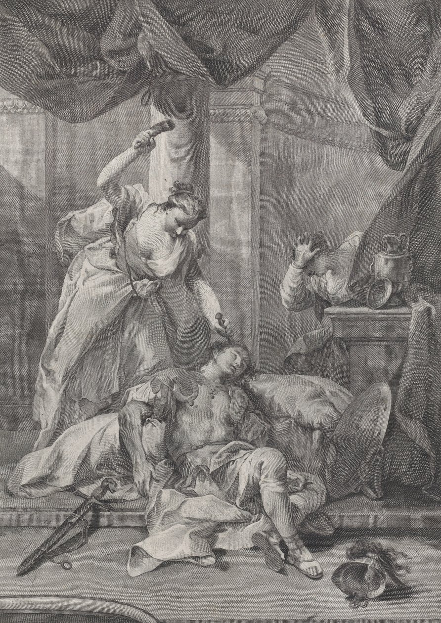 Jael zatlouká stanový kolík do chrámu spícího Sisery, napravo se..., ca. 1730-39. od Pietro Monaco