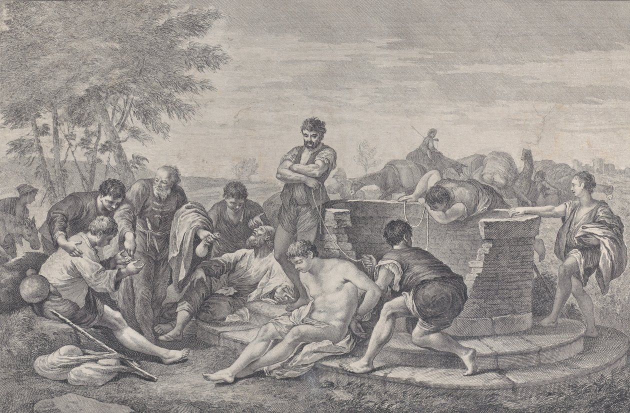 Josef je prodán do otroctví svými bratry, kteří sedí kolem studny rozdělující..., 1730-39. od Pietro Monaco