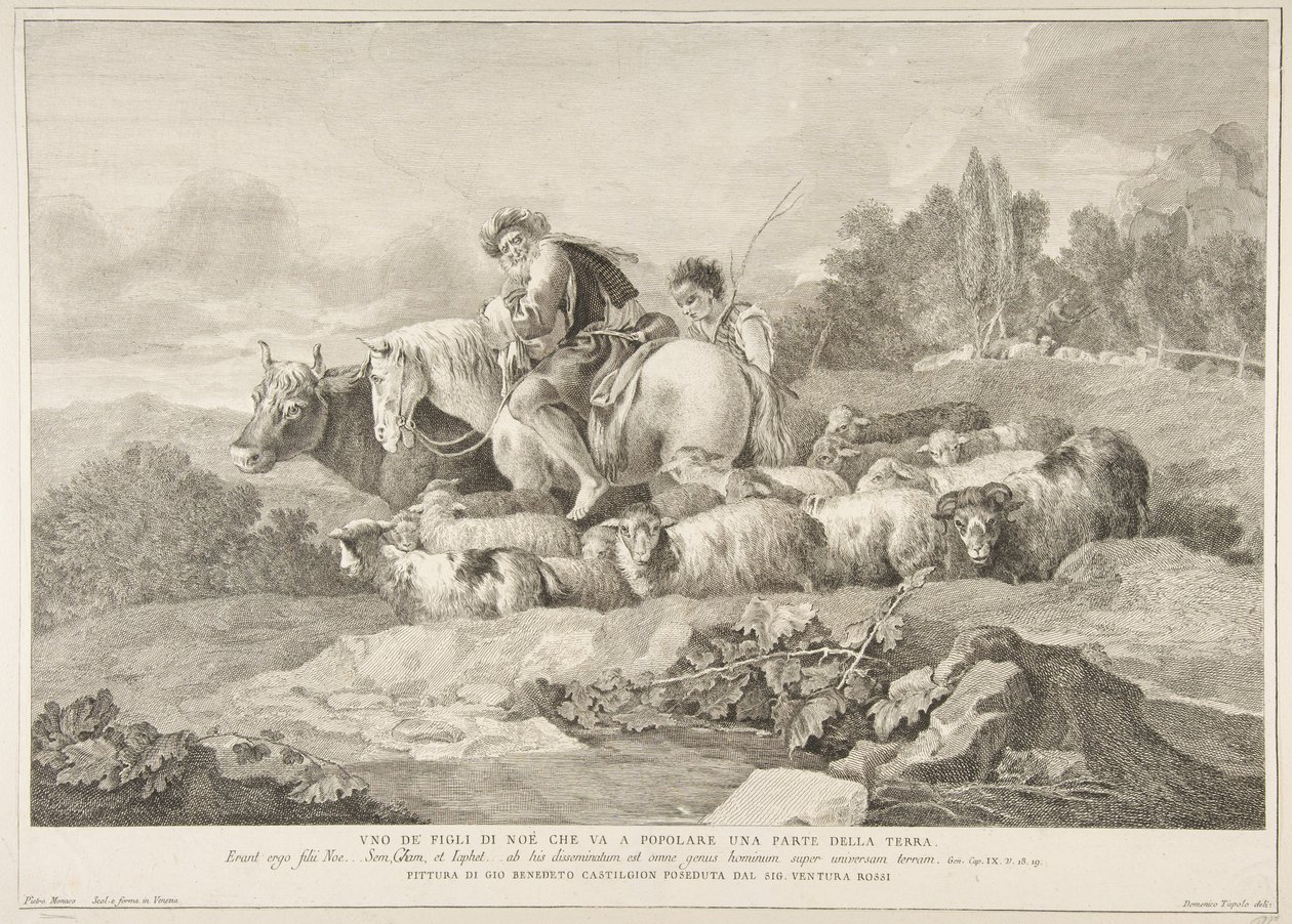 Jeden ze synů Noemových, který jde zalidnit část Země Uno de figli di Noè c..., 1743-63. od Pietro Monaco