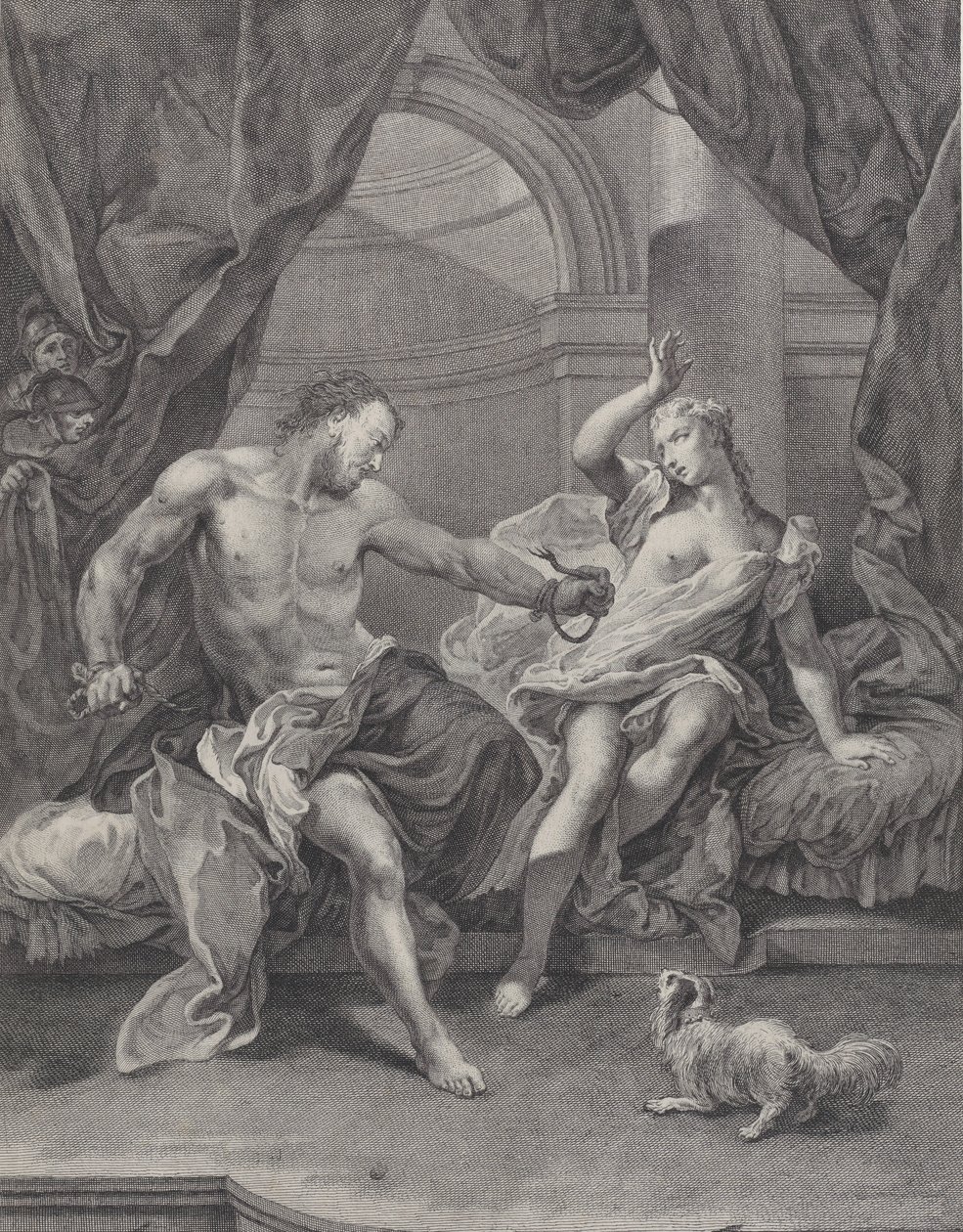 Samson a Delilah seděli na posteli, Samson trhal provazy, které mu svazovaly ruku..., ca. 1730-39. od Pietro Monaco