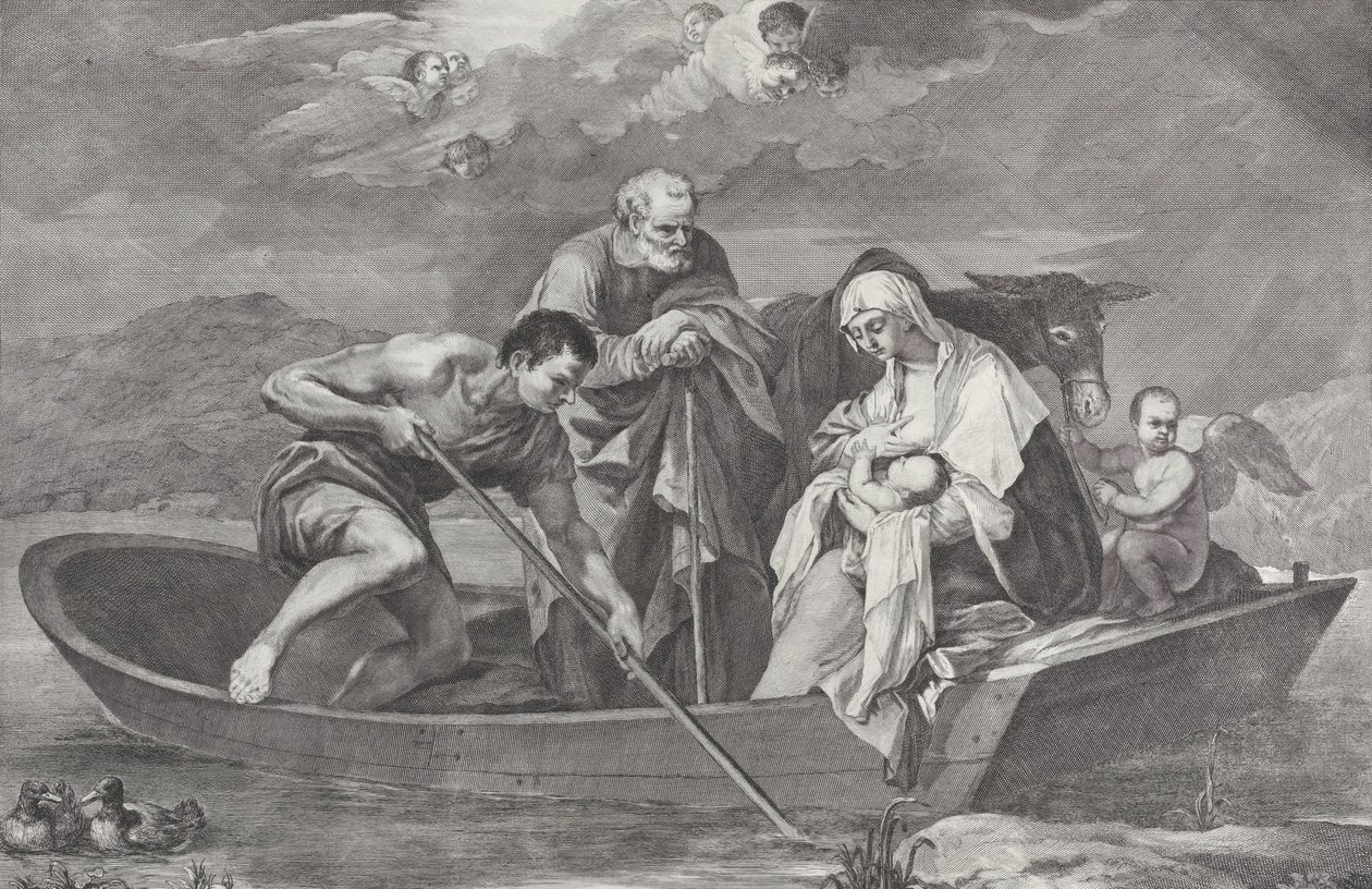 Útěk do Egypta se Svatou rodinou na lodi, 1730-50. od Pietro Monaco
