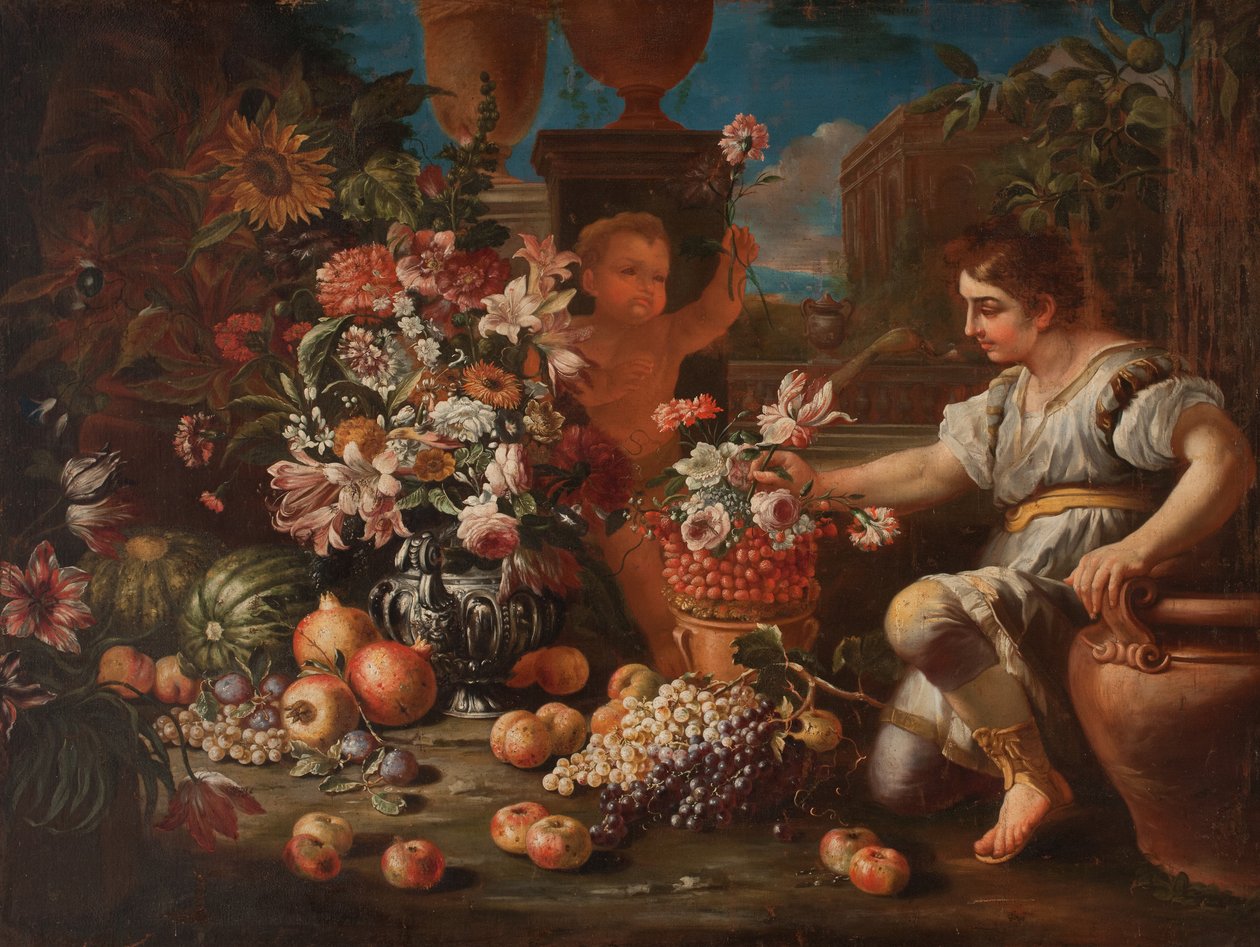 Chlapec a putto mezi květinami a ovocem od Pietro Paolo (attr. to) Bonzi