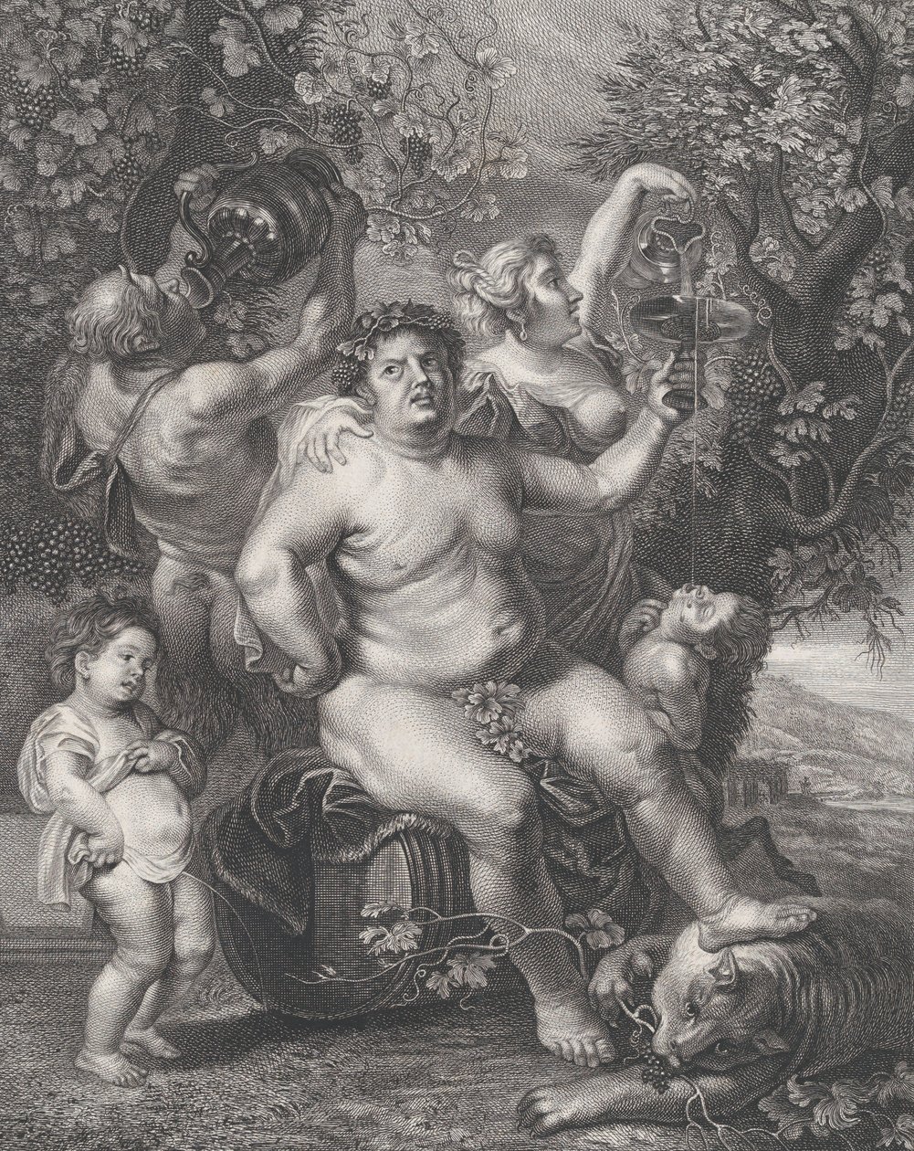 Bakchus seděl na sudu před vinnou révou, s bakchanty, satyry a dětmi, 1758. od Pietro Peiroleri