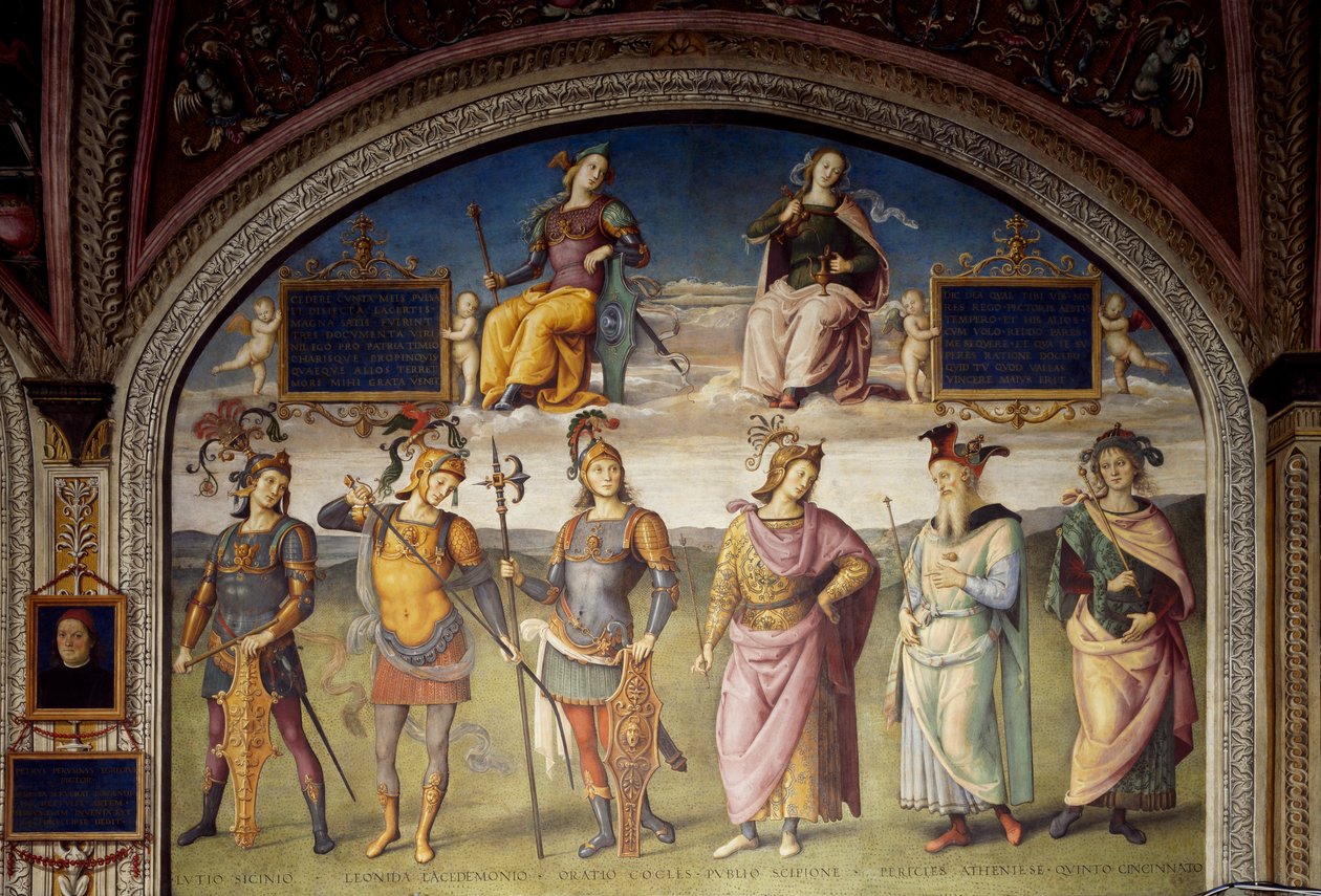 Alegorie odvahy a střídmosti se šesti antickými hrdiny od Pietro Perugino