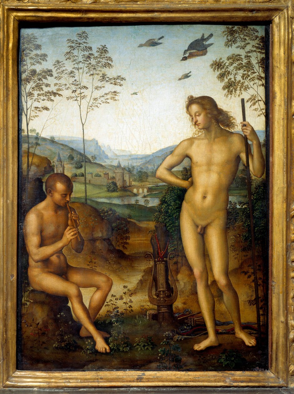 Apollo a Marsyas „“ Marsyas hraje na flétnu před Apollónem, králem lyry, výzvou. Obraz Pietro Vannucci dit Il Perugino (Le Perugin) (1450-1523) Sun. 0,39 x 0,29 m od Pietro Perugino