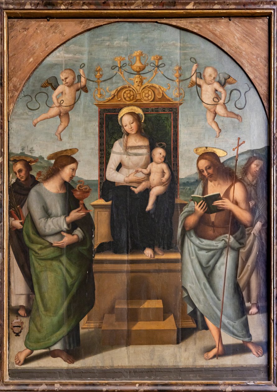 Panna trůnící mezi sv. Gervasem, Protasiem, Pavlem a Petrem od Pietro Perugino