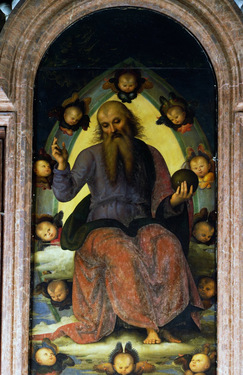 Bůh Otec požehnání, detail z polyptychu Certosa z Pavie od Pietro Perugino