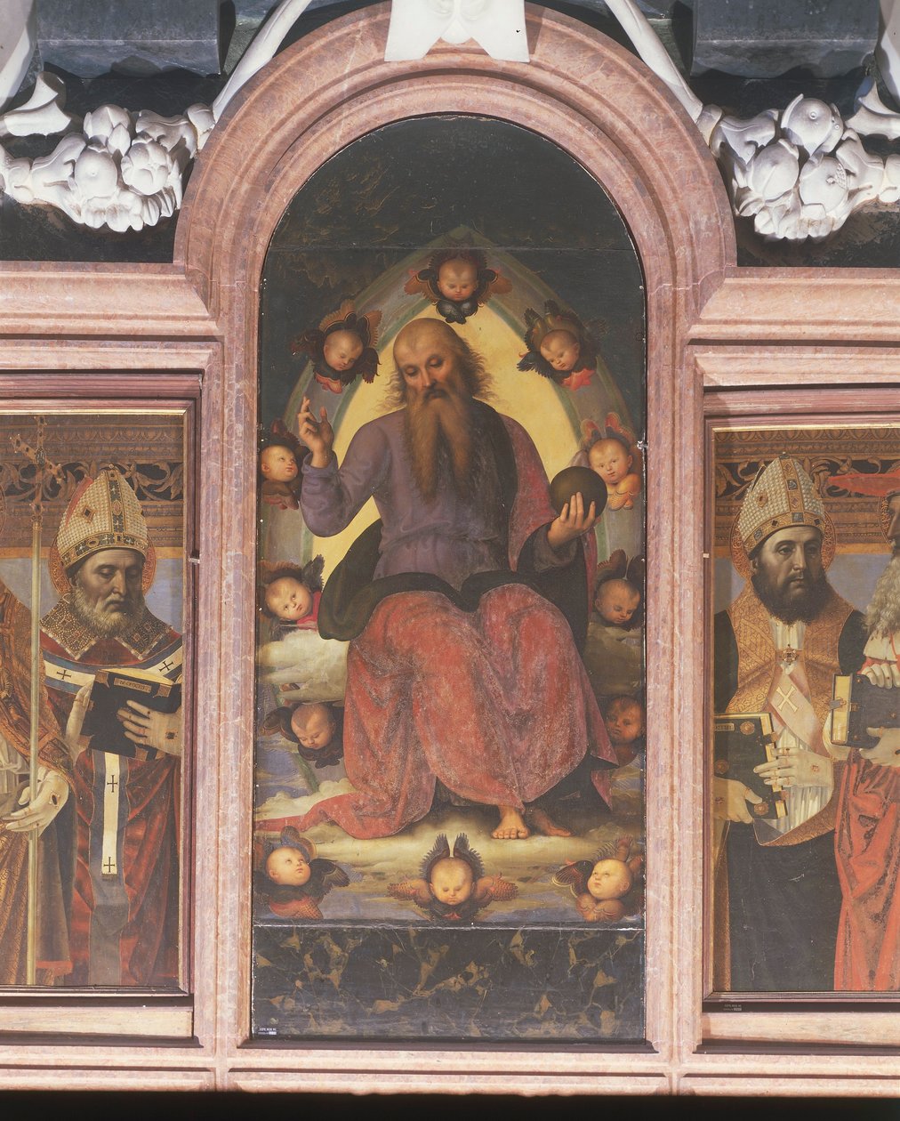 Itálie, Lombardie, Pavia Charterhouse (Certosa), druhá kaple vlevo, polyptych s Benedictory Eternal Father od Pietra Vannucciho nebo Perugina od Pietro Perugino