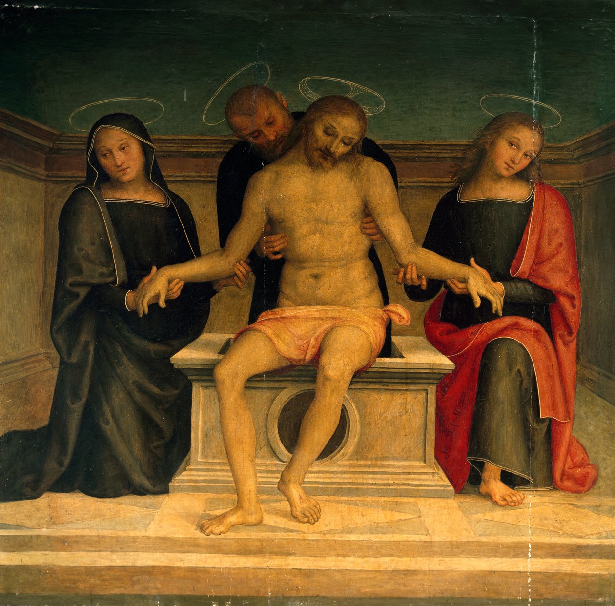 Oplakávání nad mrtvým Kristem, od Perugina (cca 1450-1523), freska, bazilika svatého Petra, Perugia, Umbrie. Itálie od Pietro Perugino