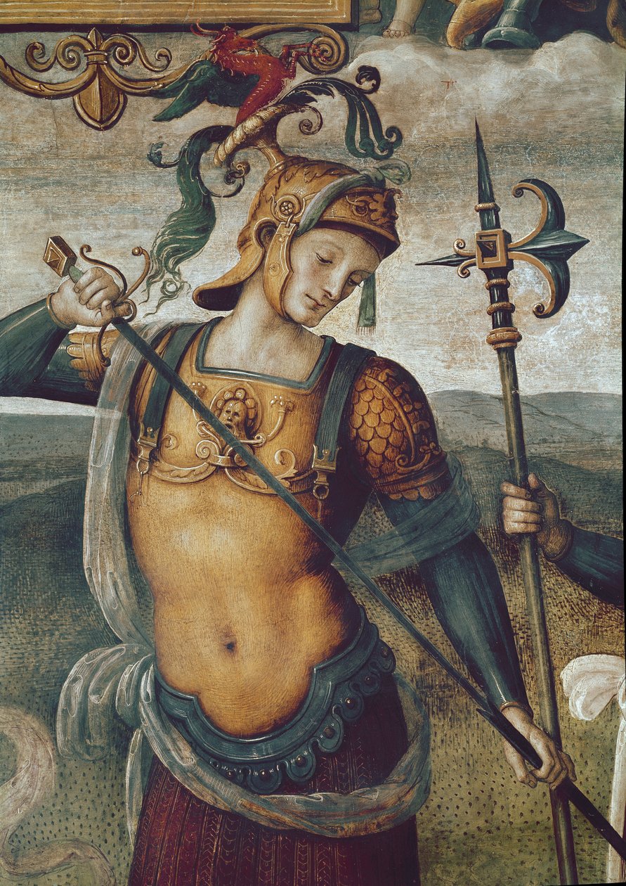 Leonidas I. Sparty (540-480 př. n. l.), král Lacedemonů. Detail fresky „Síla a střídmost se šesti antickými hrdiny““ od Pietra Vannucciho dit il Perugino (Perugin od Pietro Perugino