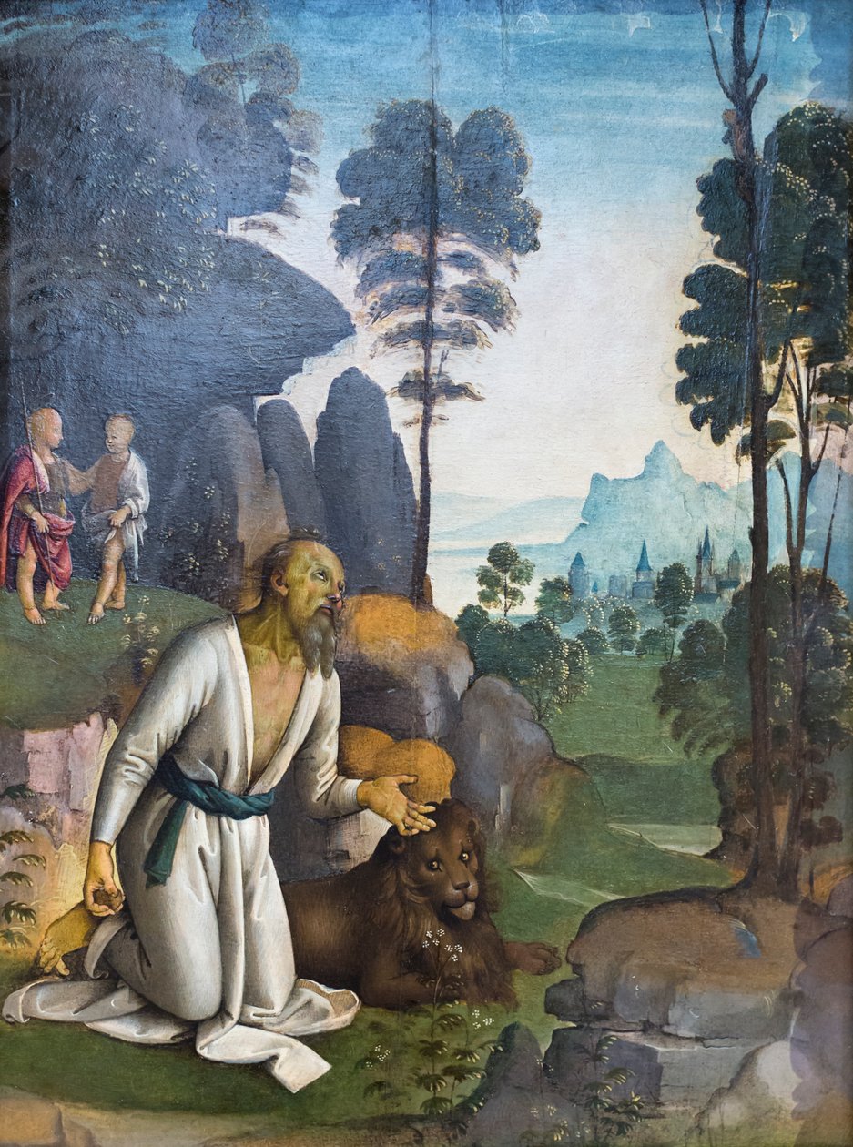 Kající svatý Jeroným s malým Ježíšem a svatý Jan Křtitel jako dítě (olej na desce) od Pietro Perugino