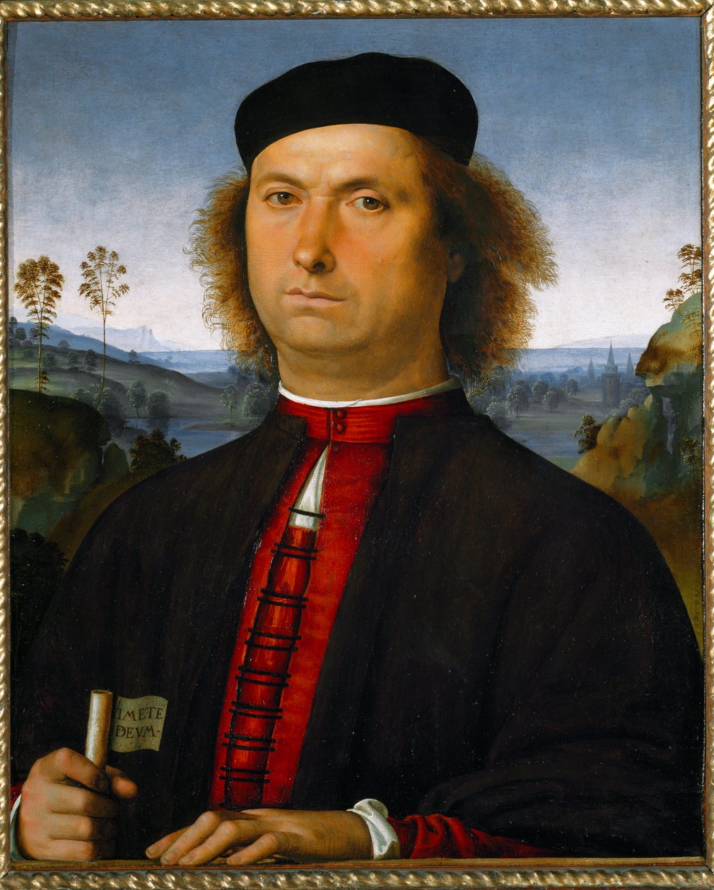 Portrét Francesca delle Operere. Drží svitek s výrazem „Timete deum“ (Bojte se Boha) od Pietro Perugino