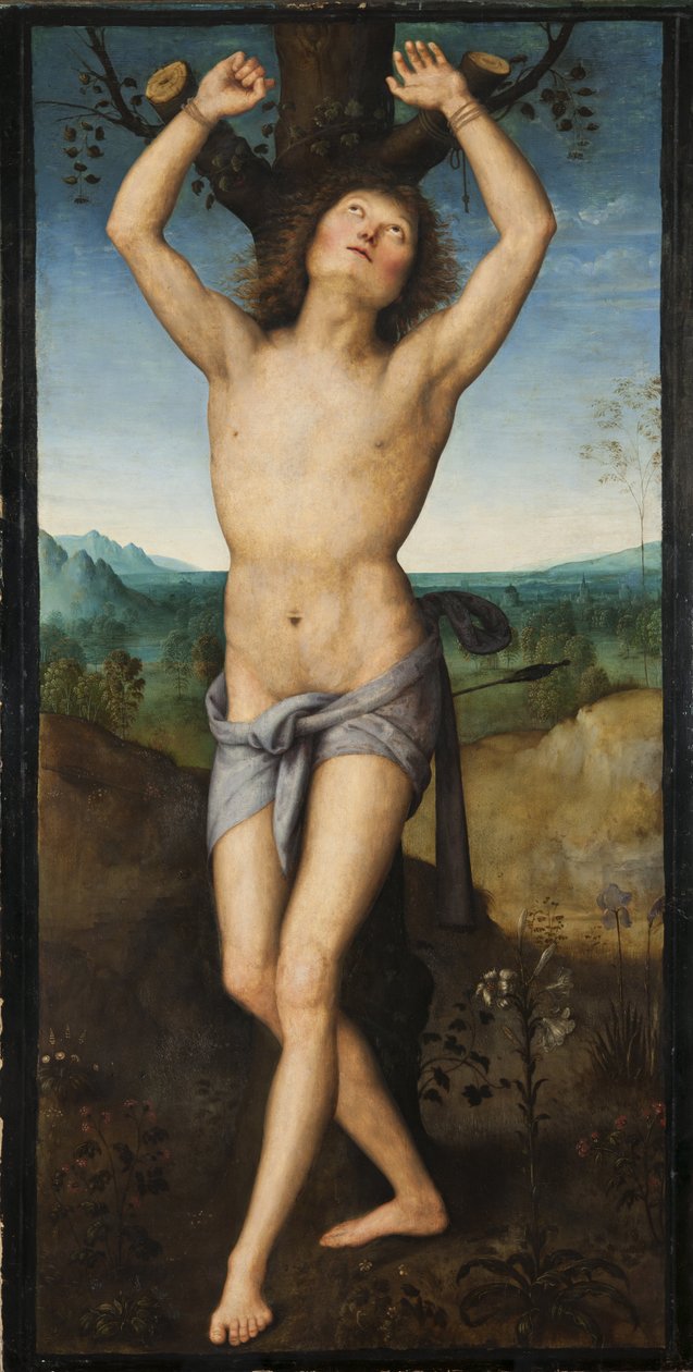 Saint Sebastien - Svatý Šebestián, od Perugina (asi 1450-1523). Olej na dřevě. Rozměr: 174 x 88 cm. Národní muzeum Stockholm od Pietro Perugino