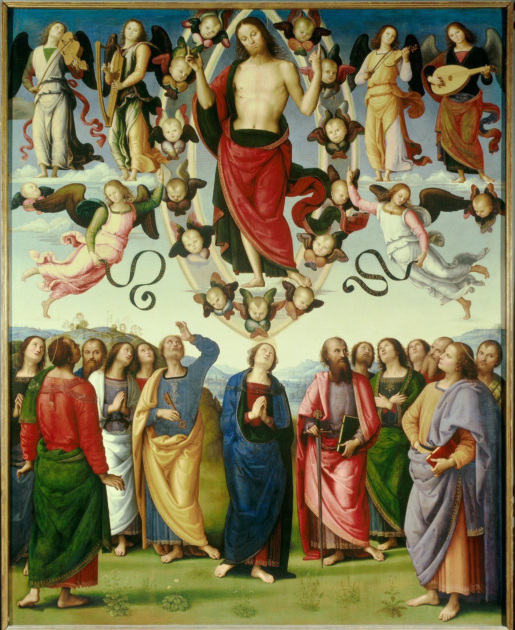 Obraz Nanebevstoupení Krista od Pietra Vannucciho dit Il Perugino (Perugin) (1450-1523) 1496 Sun. 3,25x2,65 m Lyon, Muzeum výtvarných umění - Nanebevstoupení Krista. Obraz Pietra Vannucciho s názvem Il Perugino (1450-1523) od Pietro Perugino