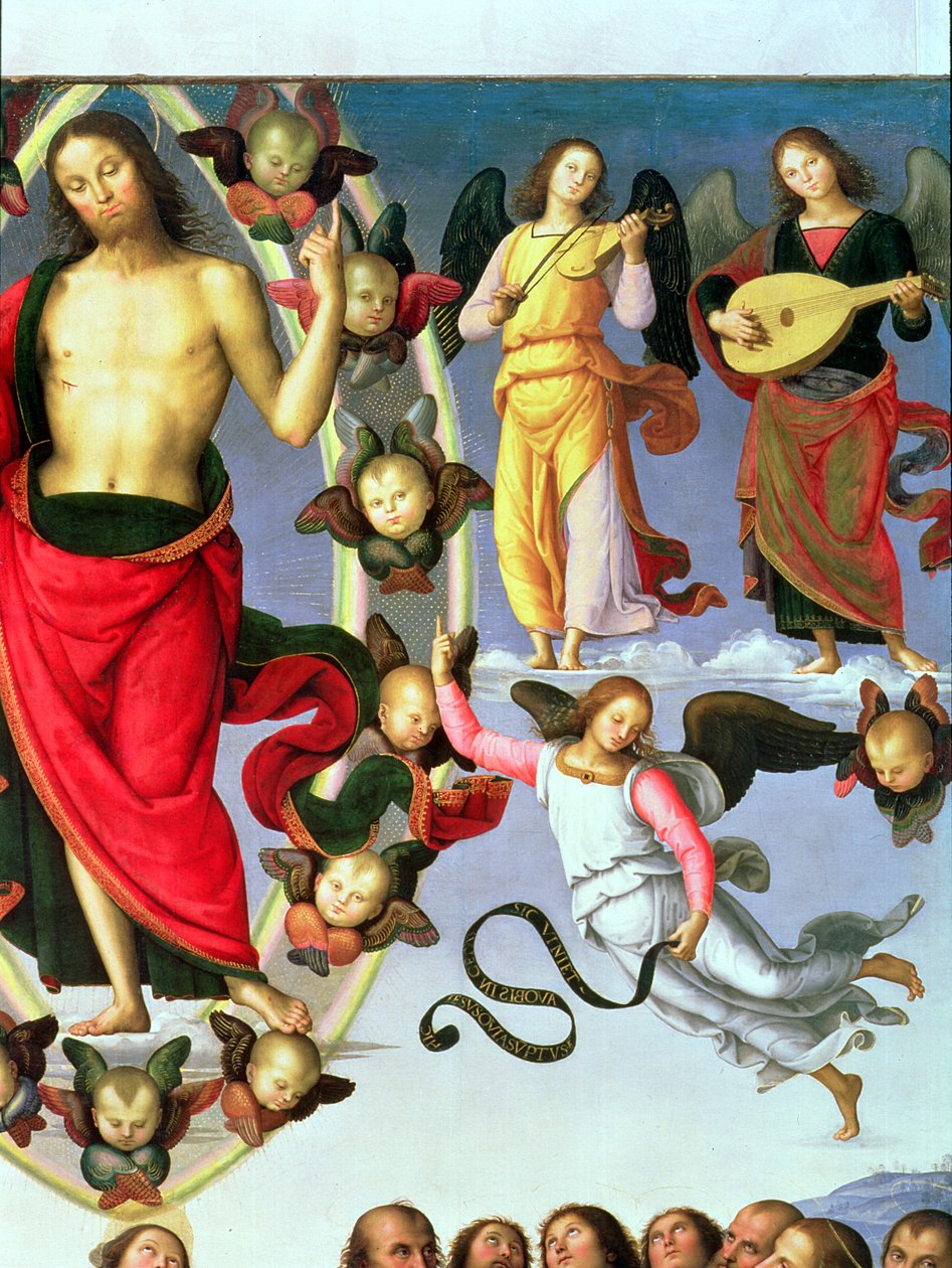 Nanebevstoupení Krista, detail Krista a hudebních andělů, pravá horní část, 1495-98 olej na panelu detail 89700 od Pietro Perugino