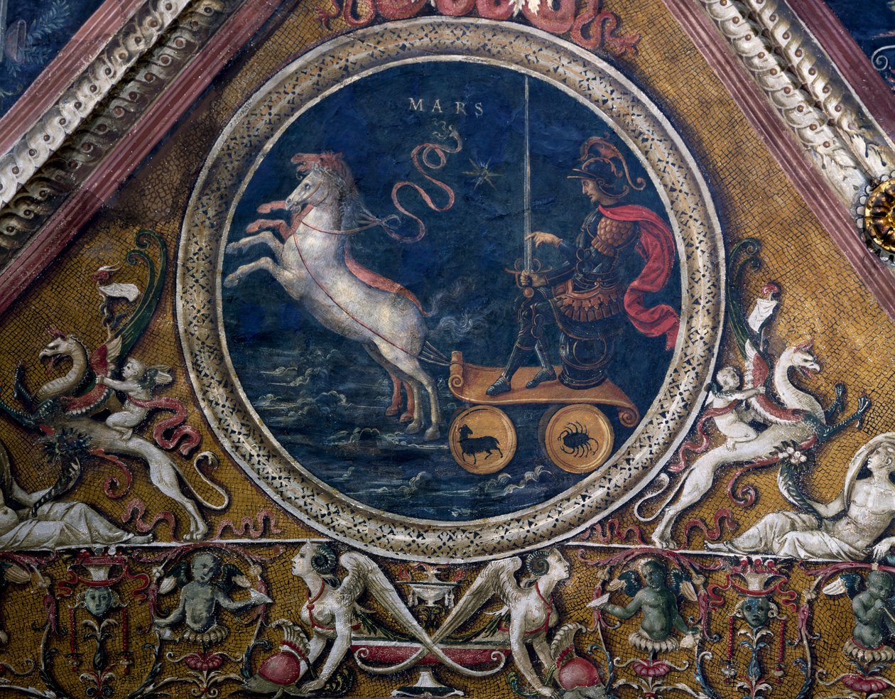 Martův vůz, alegorie, detail z fresky Pán s proroky a Sibylami od Pietro Perugino