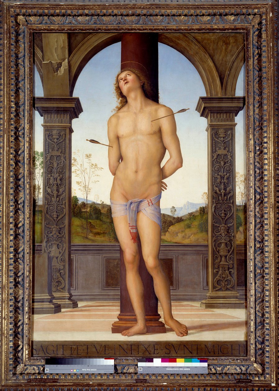 Umučení San Sebastiana Obraz od Pietra di Cristoforo Vannucci (Le Perugin nebo Il Perugino) (1446-1523) 16. století ne. 1,76x1,16 m - Umučení San Sebastianu (neboli sv. Sebastiána). Obraz od Pietra od Cristofora Vannucciho (Il Perugino nebo Le od Pietro Perugino
