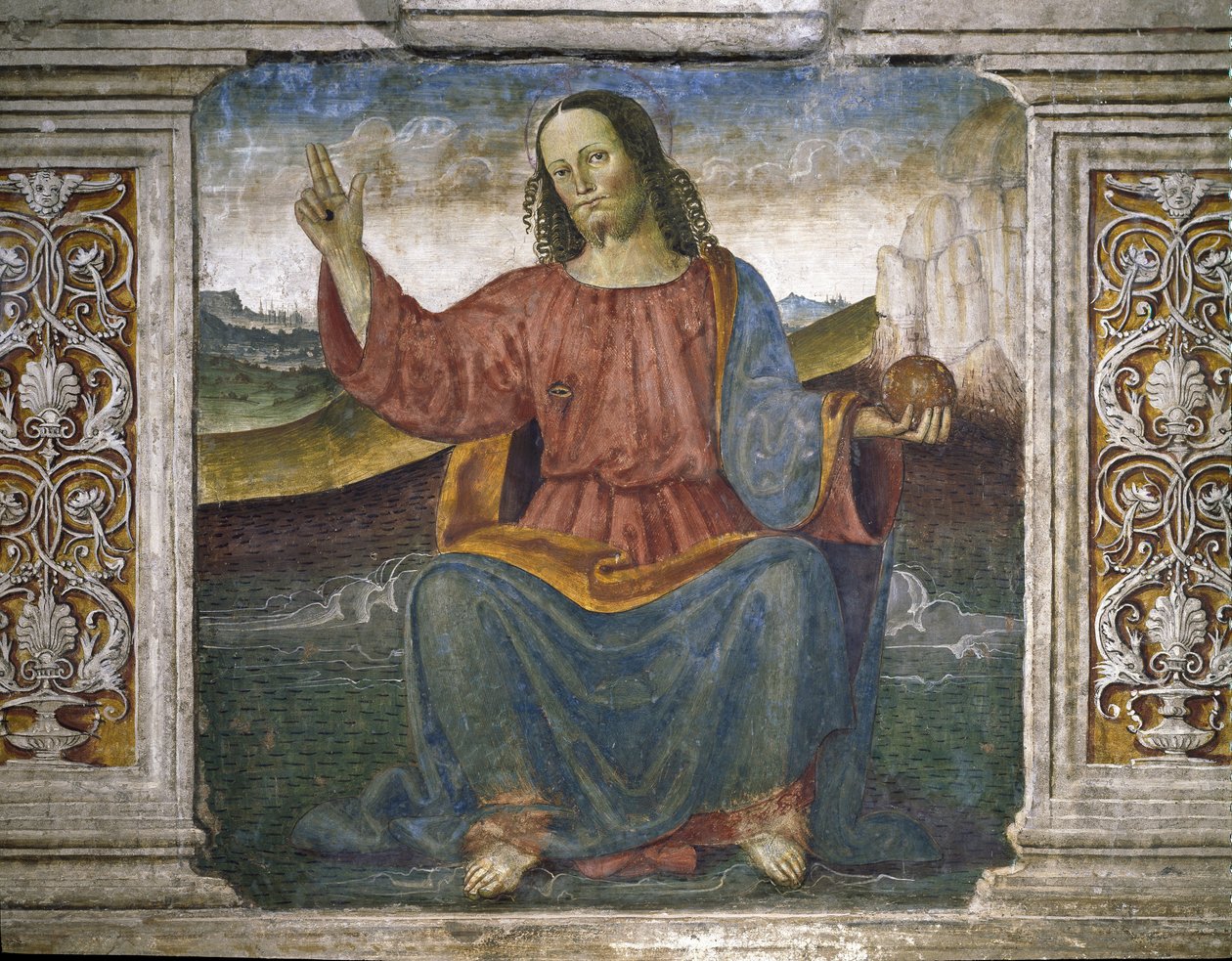 Vykupitel, Ježíš držící zeměkouli a zvedající ruku na znamení požehnání (Freska od Pietro Perugino