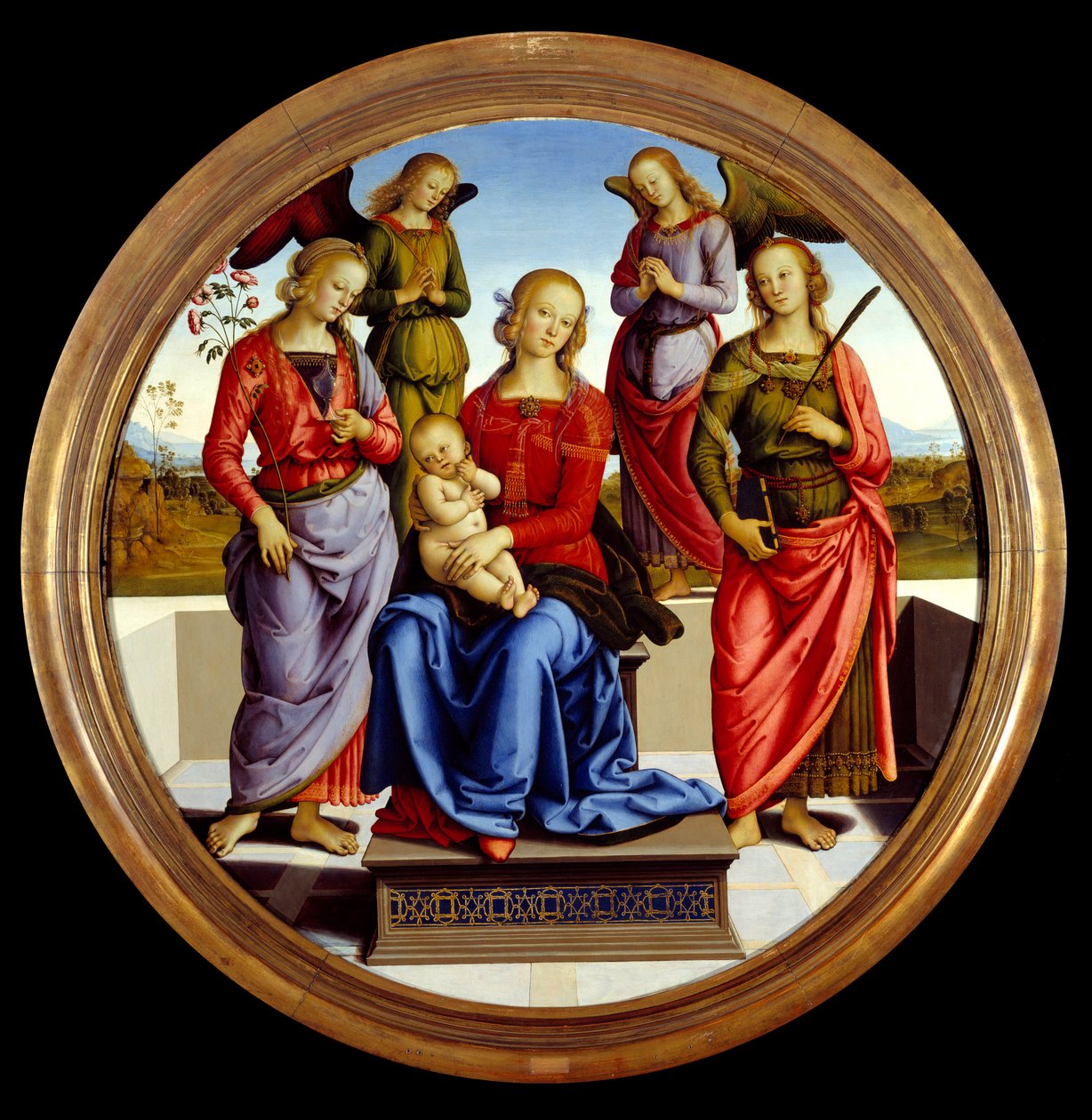 Panna a dítě obklopené dvěma anděly, svatou Růženkou a svatou Kateřinou. Obraz od Pietra Vannucciho dit il Perugino (Perugin od Pietro Perugino