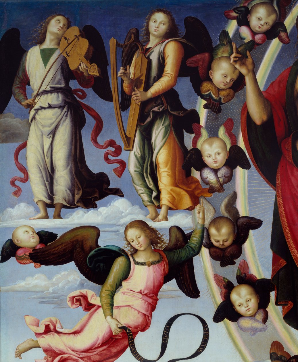 Nanebevstoupení Krista Detail pravé strany zobrazující hudební anděly. Obraz Pietra Vannucciho dit Il Perugino (Perugin) (1450-1523) 1496 Lyon, Muzeum výtvarných umění od Pietro Perugino