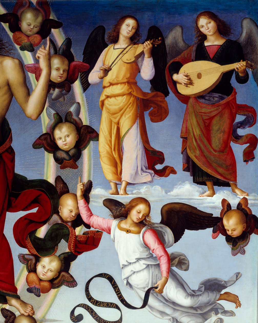 Detail Nanebevstoupení Krista představující hudební anděly. Obraz Pietra Vannucciho dit Il Perugino (Perugin) (1450-1523) 1496 Lyon, Muzeum výtvarných umění od Pietro Perugino