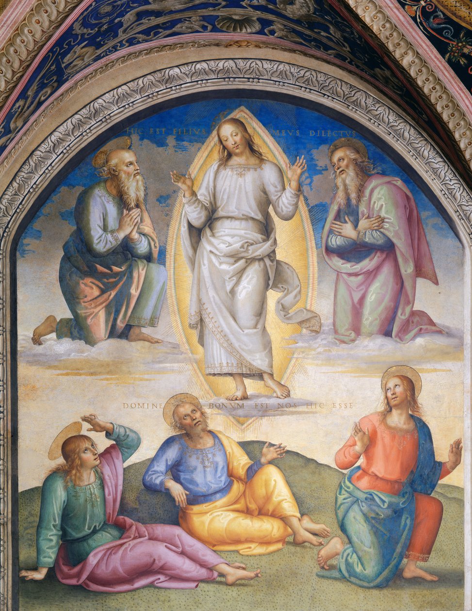 Proměnění: Kristus v bílém je obklopen Mojžíšem a Eliášem, pod nimi apoštol Jan, Petr a Jakub od Pietro Perugino