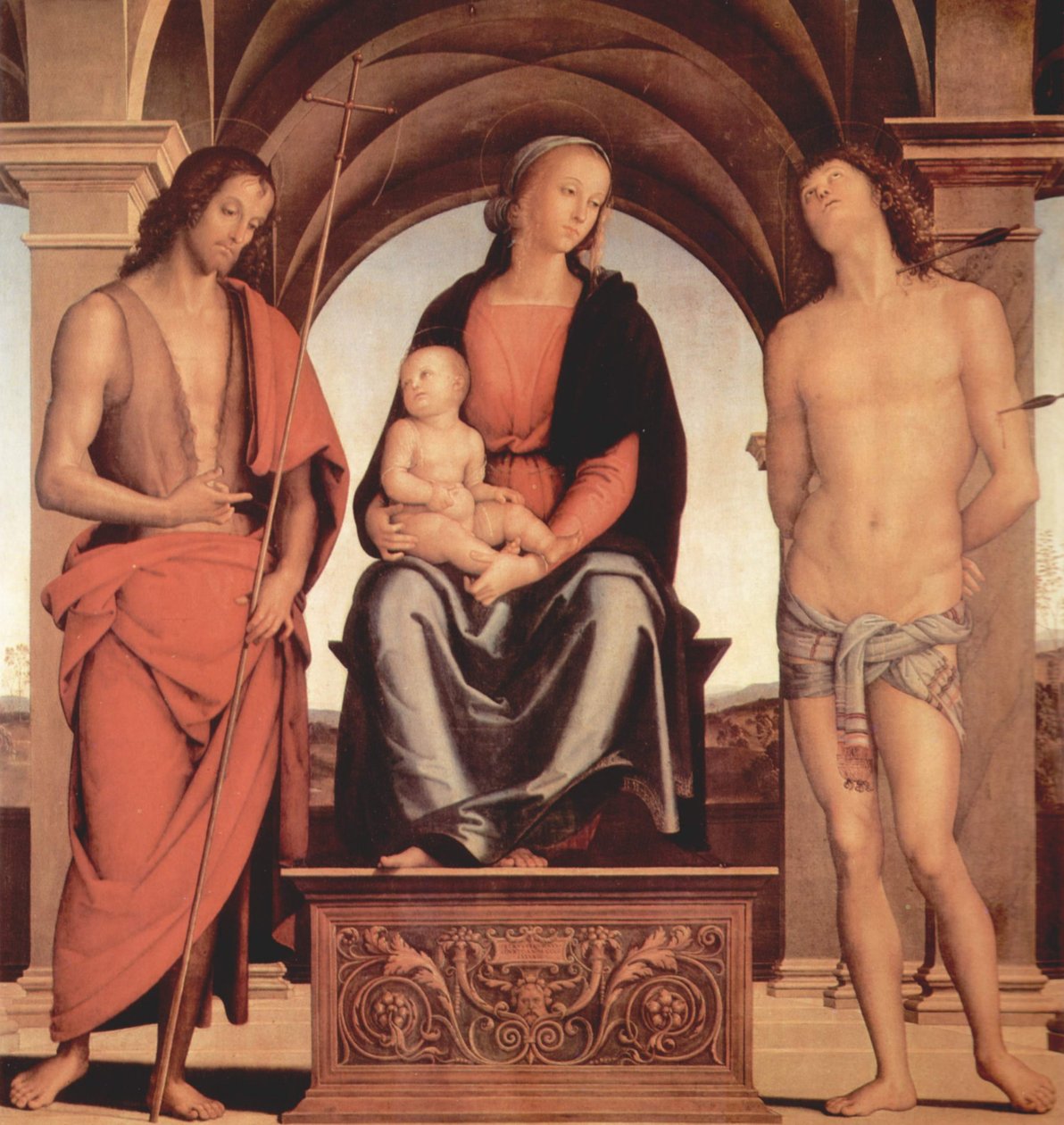 Trůnící Madona se svatým Janem Křtitelem a svatým Šebestiánem od Pietro Perugino