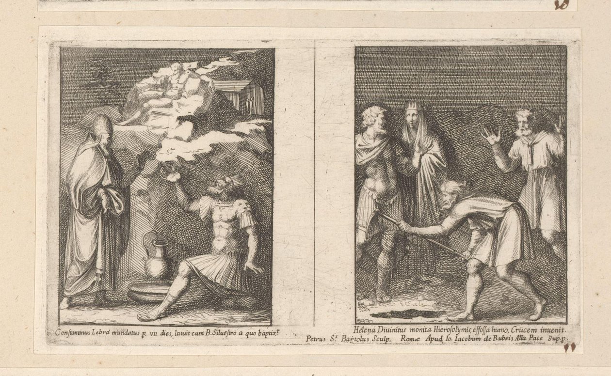 Papež Silvester uzdravuje Konstantina a Svatá Helena nachází pravý kříž Constantinus Lebra mundatus p un dies latuit cum B. Silvestro a quo baptiz (...) (titul na předmětu) Historie císaře Konstantina (název série) od Pietro Sante Bartoli