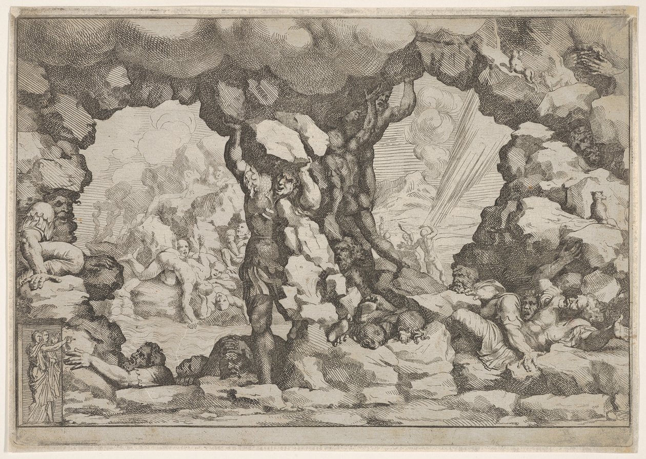 Obr zvedá balvan uprostřed, další obři nalevo a napravo zápasí a nahlížejí..., ca. 1680. od Pietro Santi Bartoli