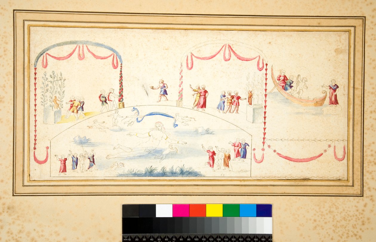 Afrodita plave s mnoha putti kolem sebe (černá křída, někteří s perem a hnědým inkoustem. obarveno akvarelem) od Pietro Santi Bartoli