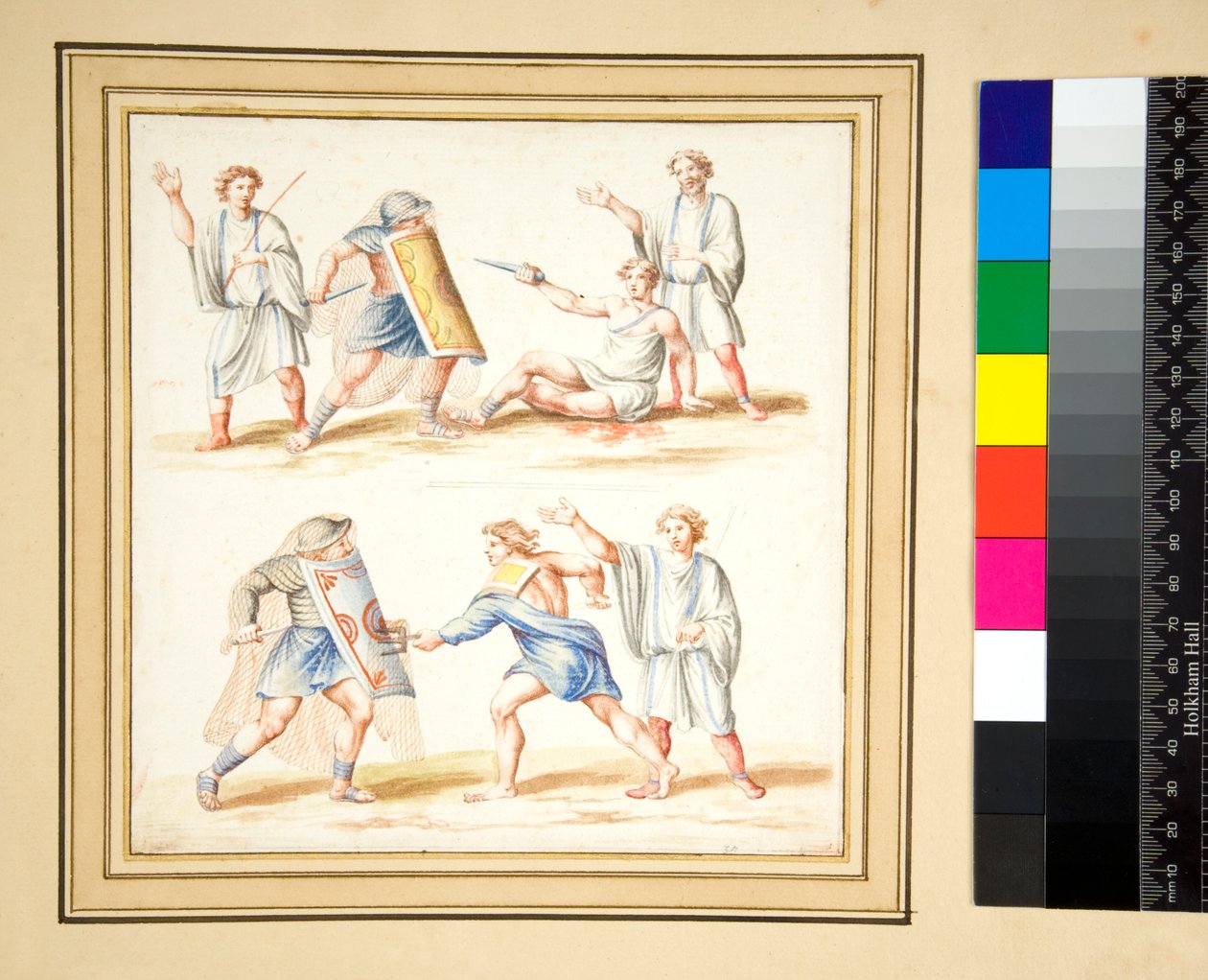 Kopie mozaiky Boje mezi sekutorem a retiariu (černá křída, některé s perem a hnědým inkoustem. obarvené akvarelem) od Pietro Santi Bartoli