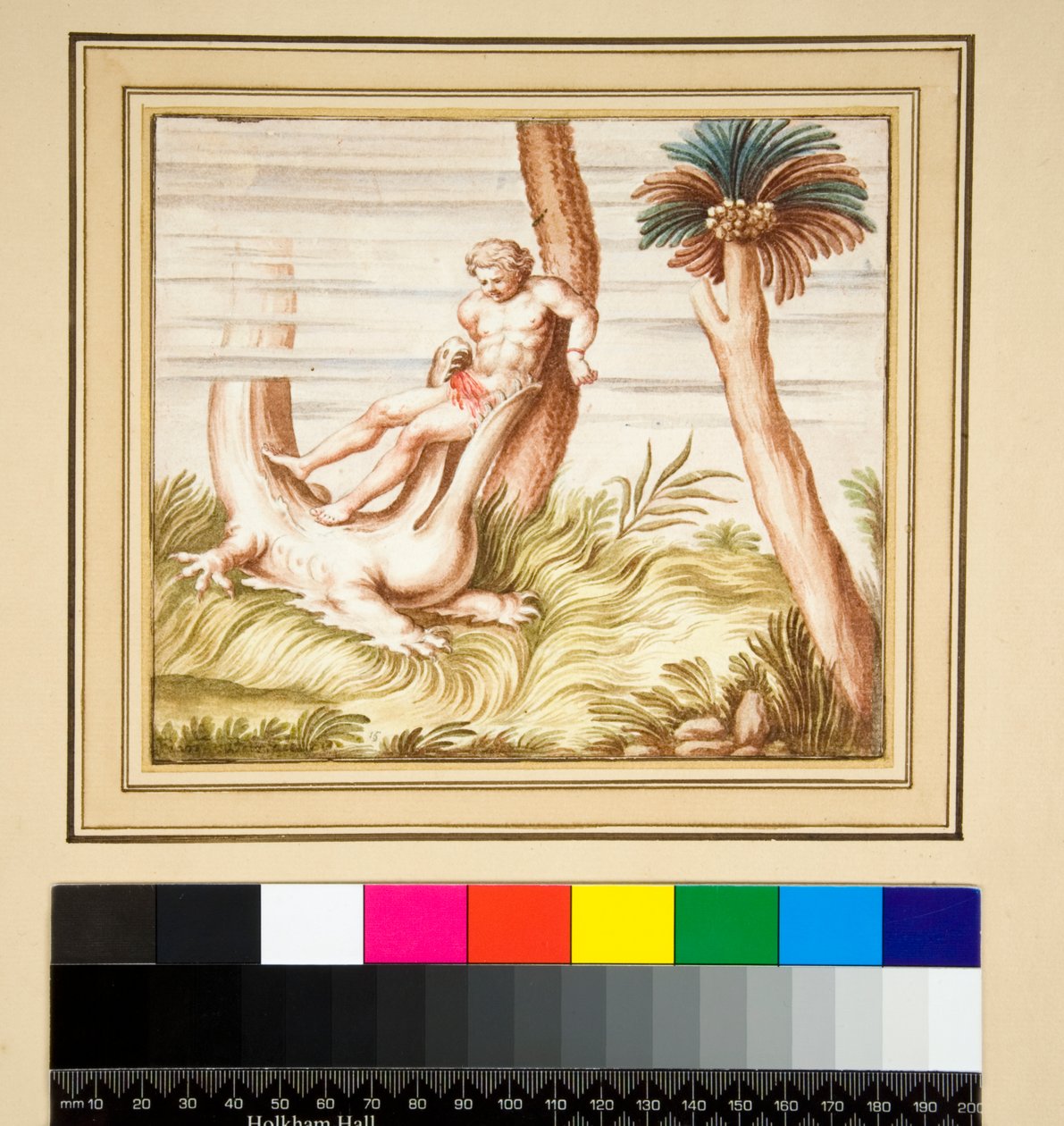Kopie mozaiky člověka a krokodýla (černá křída, některé s perem a hnědým inkoustem. obarvené akvarelem) od Pietro Santi Bartoli