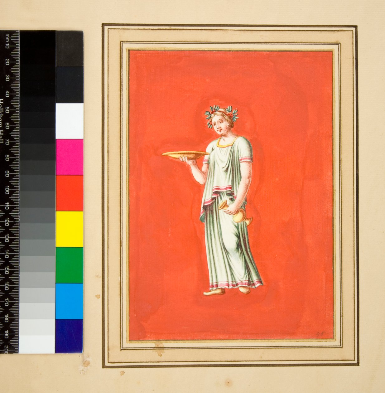Ženská postava na podstavci s paterou a amforou. (černá křída, některé s perem a hnědým inkoustem. obarvené akvarelem) od Pietro Santi Bartoli