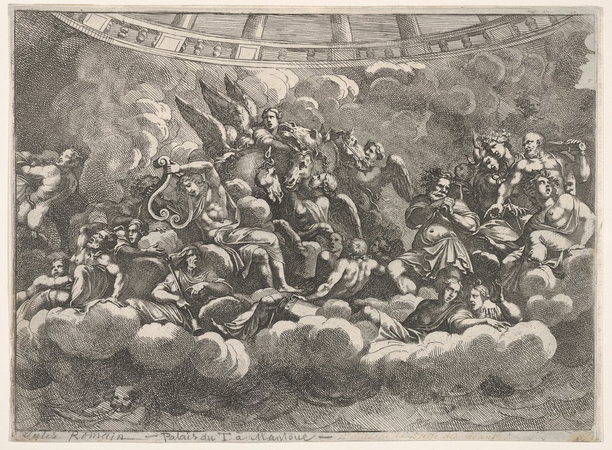 Shromáždění různých olympských bohů a mytologických postav mezi mraky, Apollo at ce..., ca. 1680. od Pietro Santi Bartoli