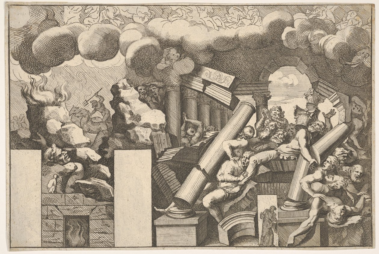 Obři drcení kameny a padajícími sloupy chrámu, oblaka kouře nad..., ca. 1680. od Pietro Santi Bartoli
