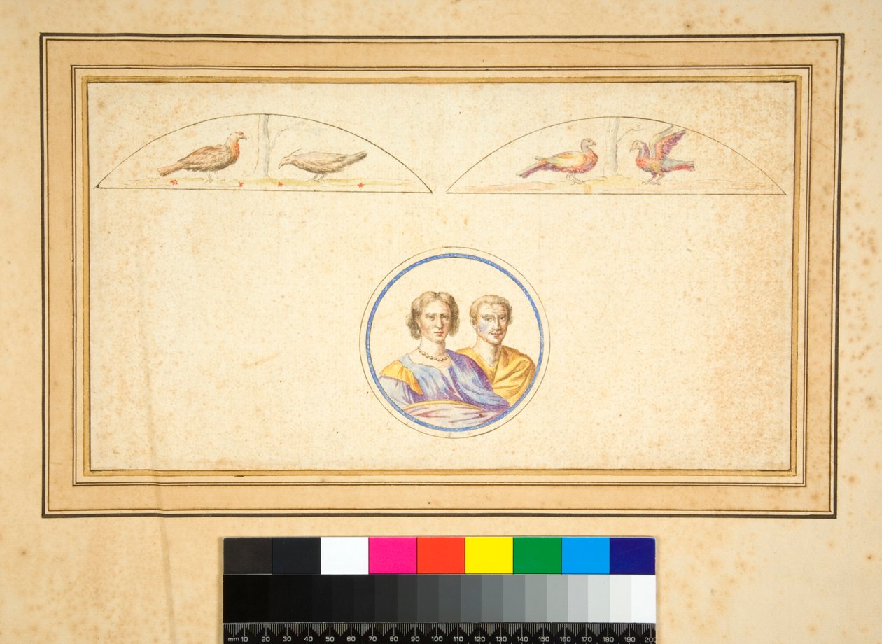 Manžel a manželka (busty) ve středovém kruhu (černá křída, někteří s perem a hnědým inkoustem. obarveno akvarelem) od Pietro Santi Bartoli