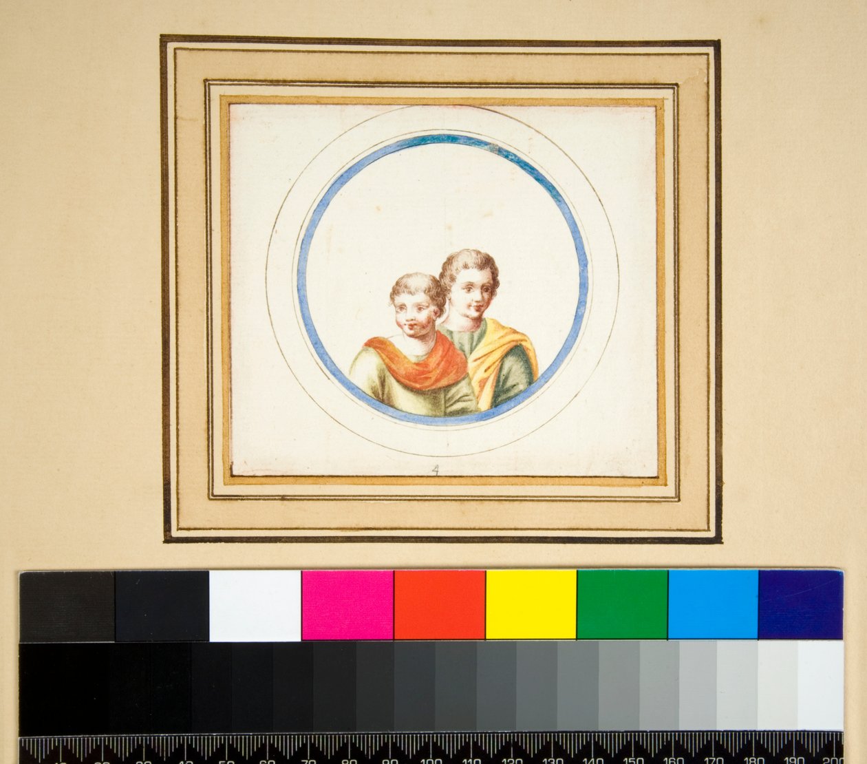 Manžel a manželka (busty) ve středovém kruhu (černá křída, někteří s perem a hnědým inkoustem. obarveno akvarelem) od Pietro Santi Bartoli