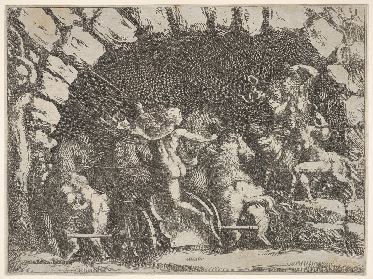 Pluto, viděno zezadu, vstupuje do podsvětí na svém voze, Cerberus a tři Fu..., ca. 1680. od Pietro Santi Bartoli
