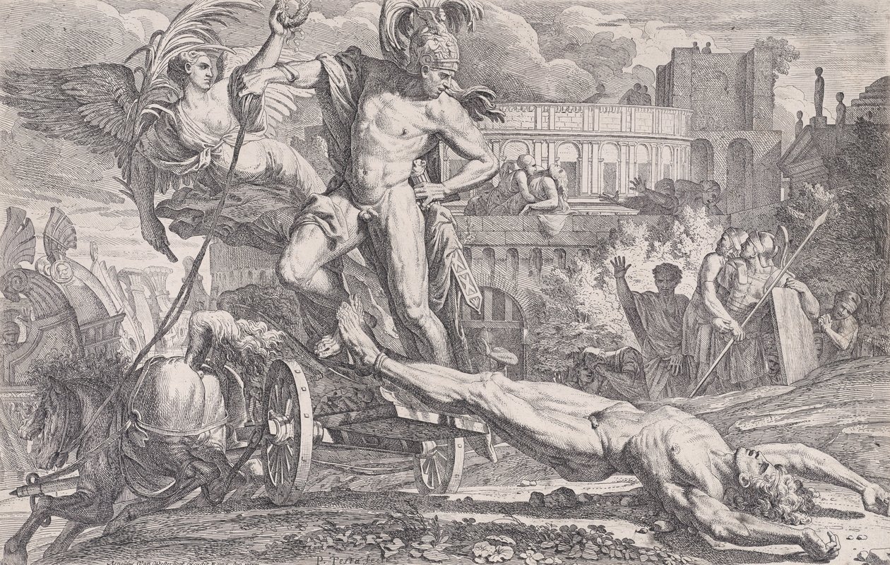 Achilles táhnoucí tělo Hektora kolem hradeb Tróje, 1648-50. od Pietro Testa