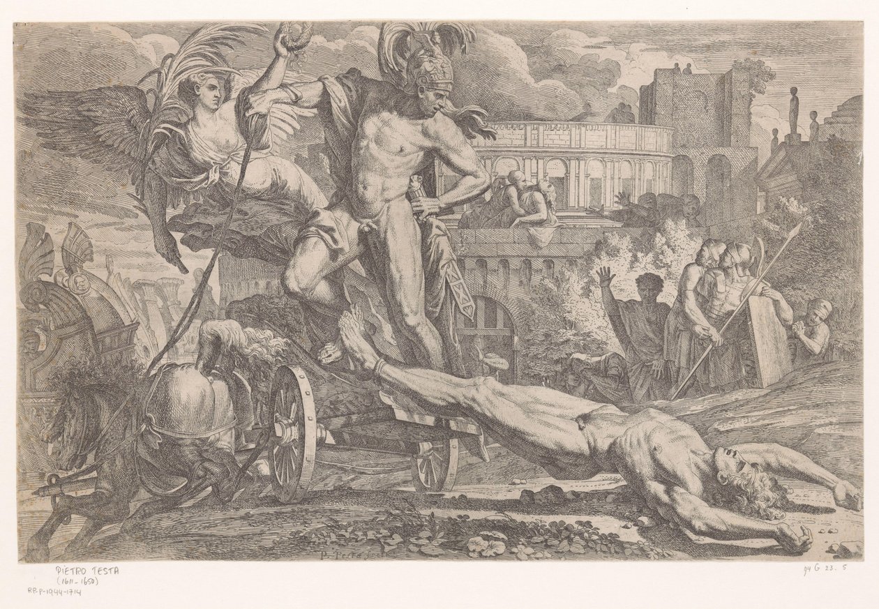 Achilles s Hektorovou mrtvolou za svým vozem od Pietro Testa
