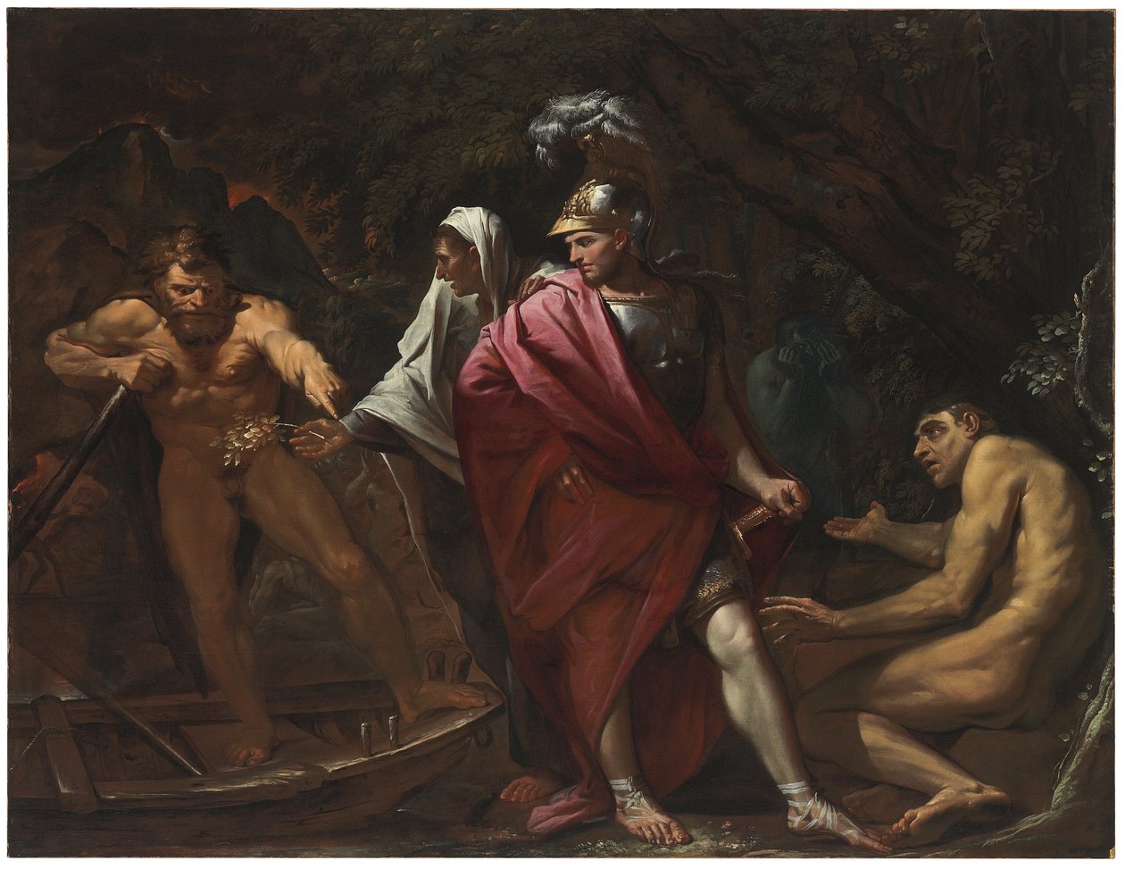 Aeneas a Kumejská Sibyla představující Zlatou ratolest Charonovi od Pietro Testa
