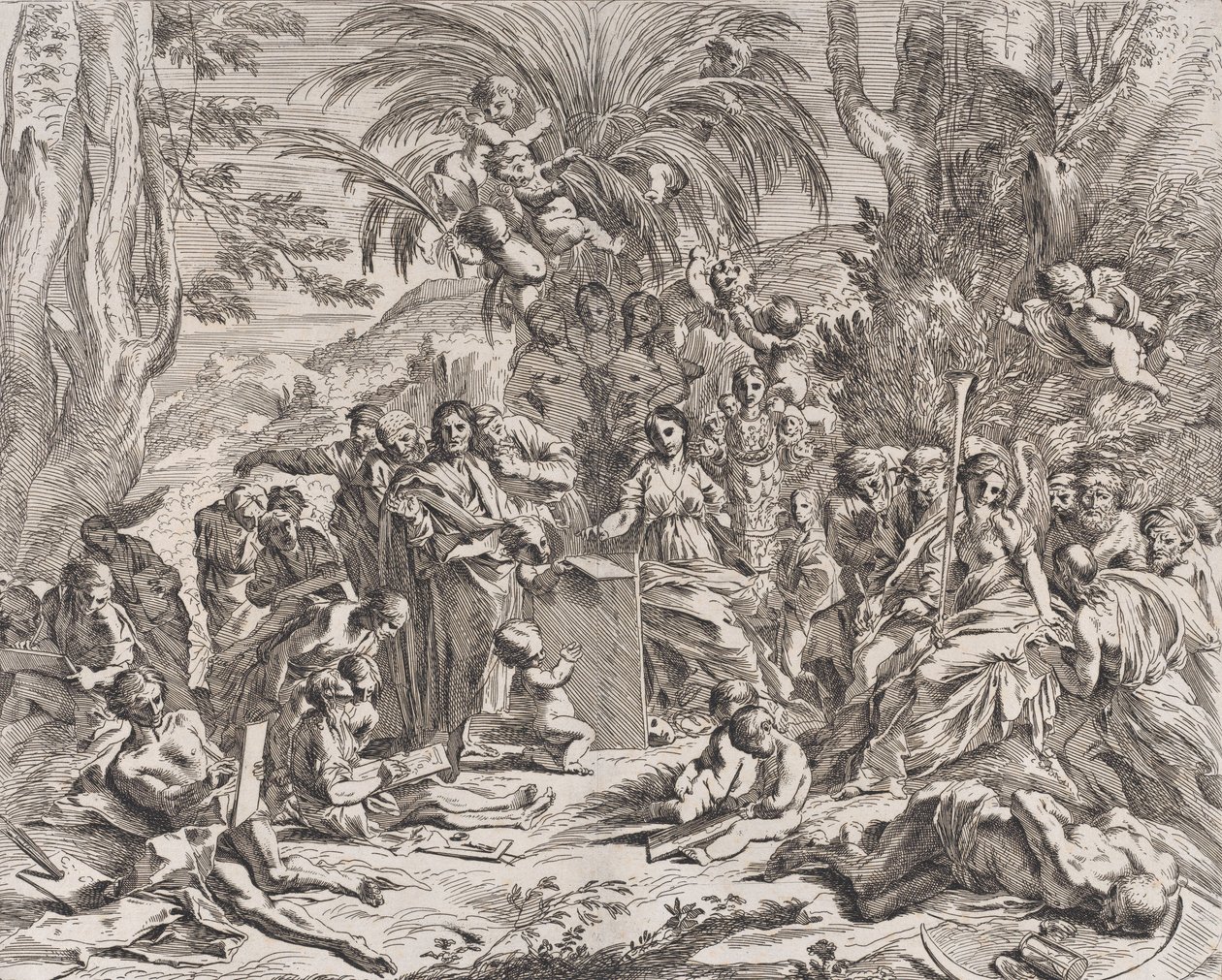 Alegorie malby, která jako dítě uprostřed vlevo kreslí na desku, obklopuje..., 1637-38. od Pietro Testa