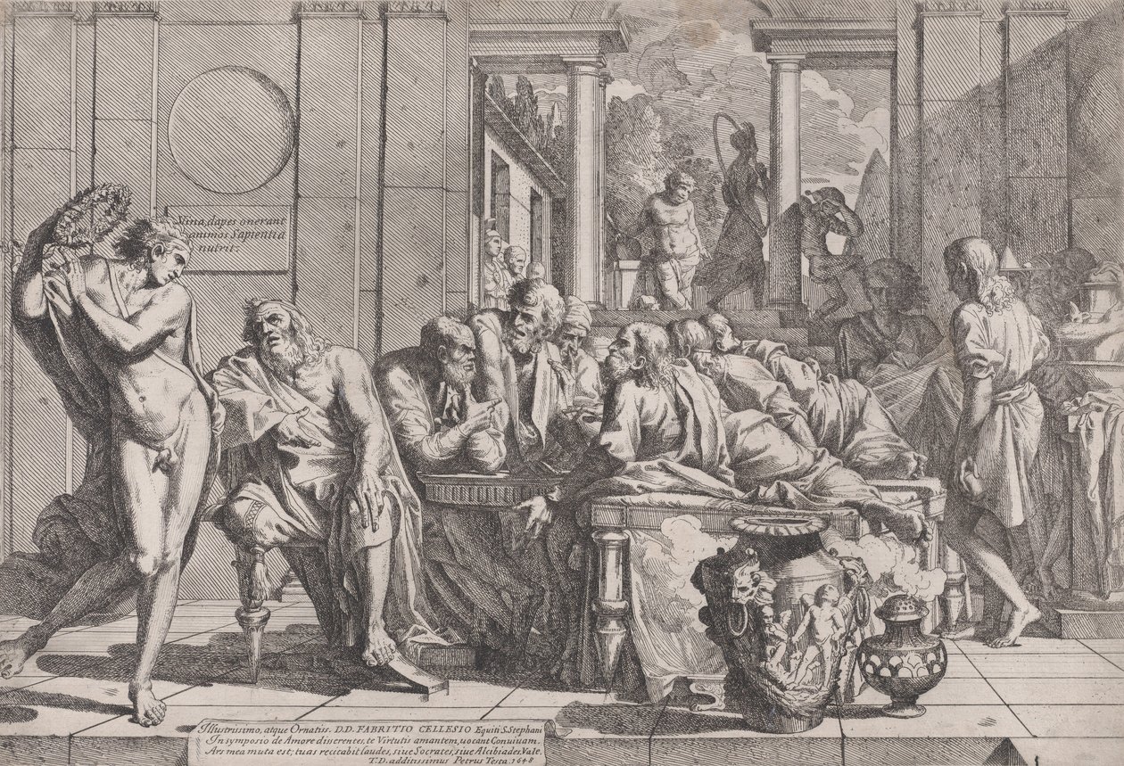 Platónovo sympozium: Sokrates a jeho společníci seděli kolem stolu a diskutovali o ideální lásce..., 1648. od Pietro Testa