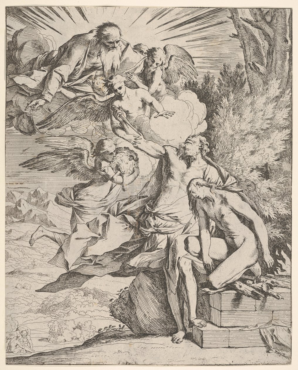 Obětování Izáka: anděl tlačí na rameno Abrahama nesoucího dýku, který ..., asi 1645-50. od Pietro Testa