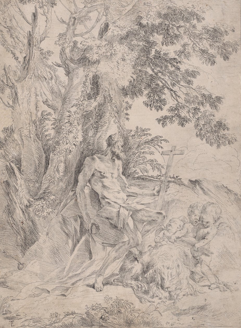 Svatý Jeroným před krucifixem doprovázený lvem a třemi putti, ca. 1631-37. od Pietro Testa