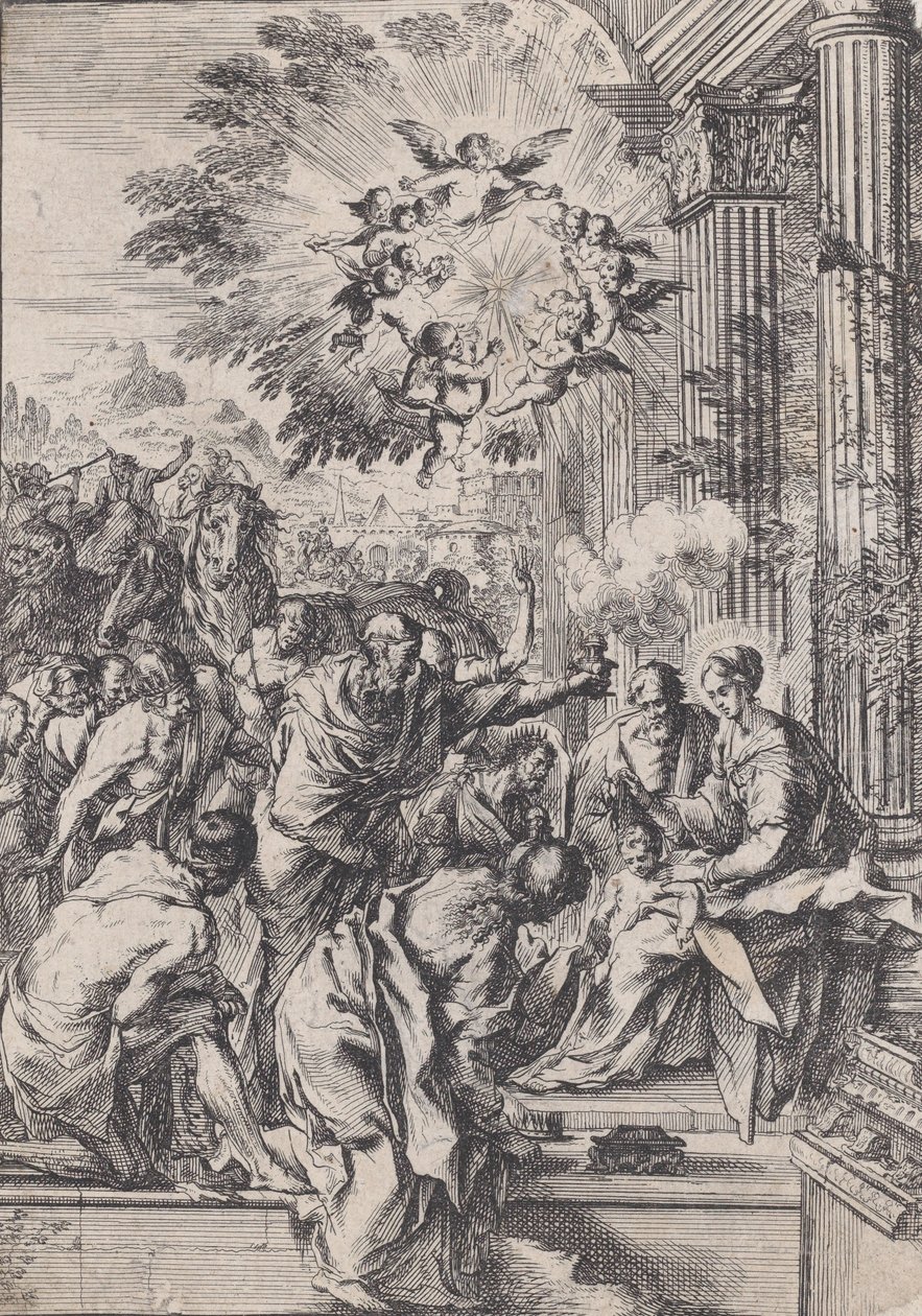 Klanění tří králů, zasazené před a architektonická kolonáda, ca. 1640. od Pietro Testa