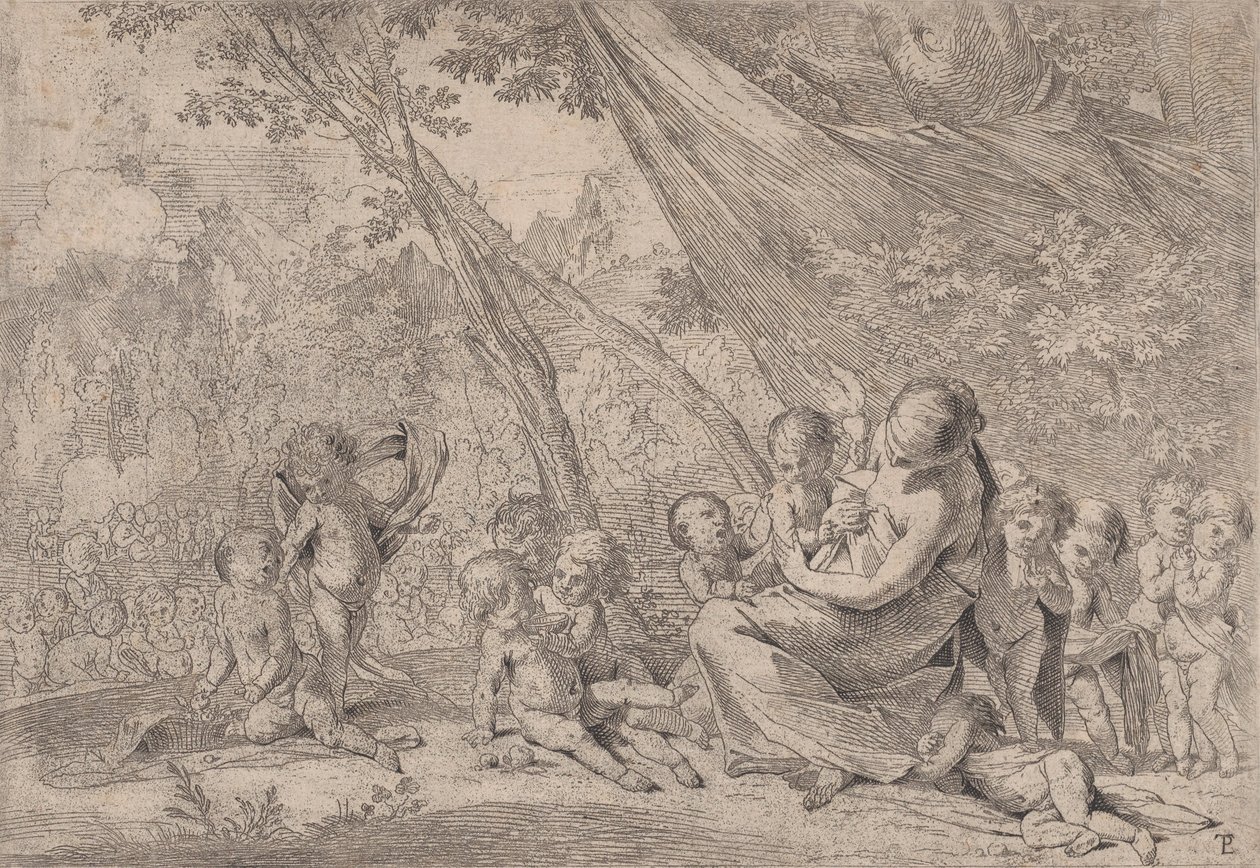 Zahrada lásky, žena představující Charitu vpravo obklopená dětmi, ..., ca. 1631-37. od Pietro Testa
