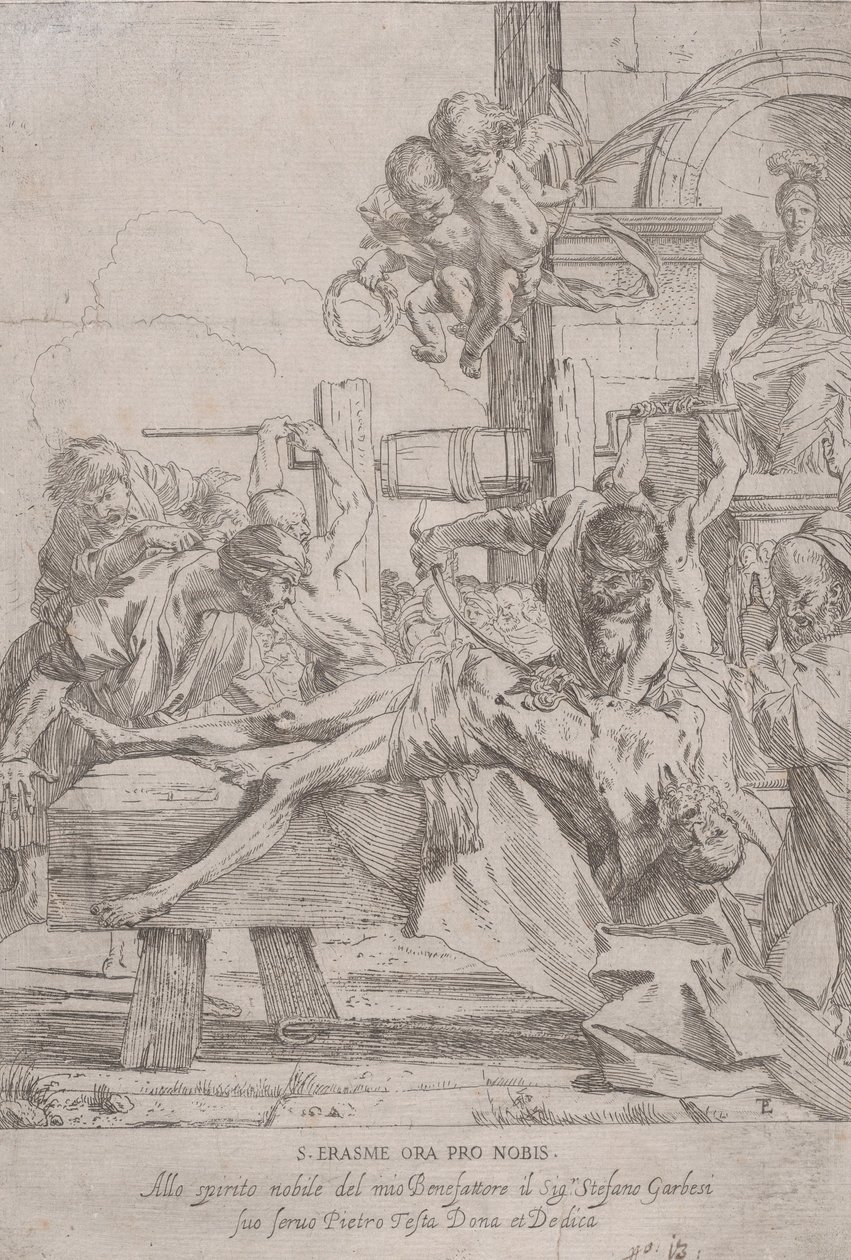 Umučení svatého Erasma, který leží na zemi a má odstraněné vnitřnosti, dva putti a..., ca. 1630. od Pietro Testa