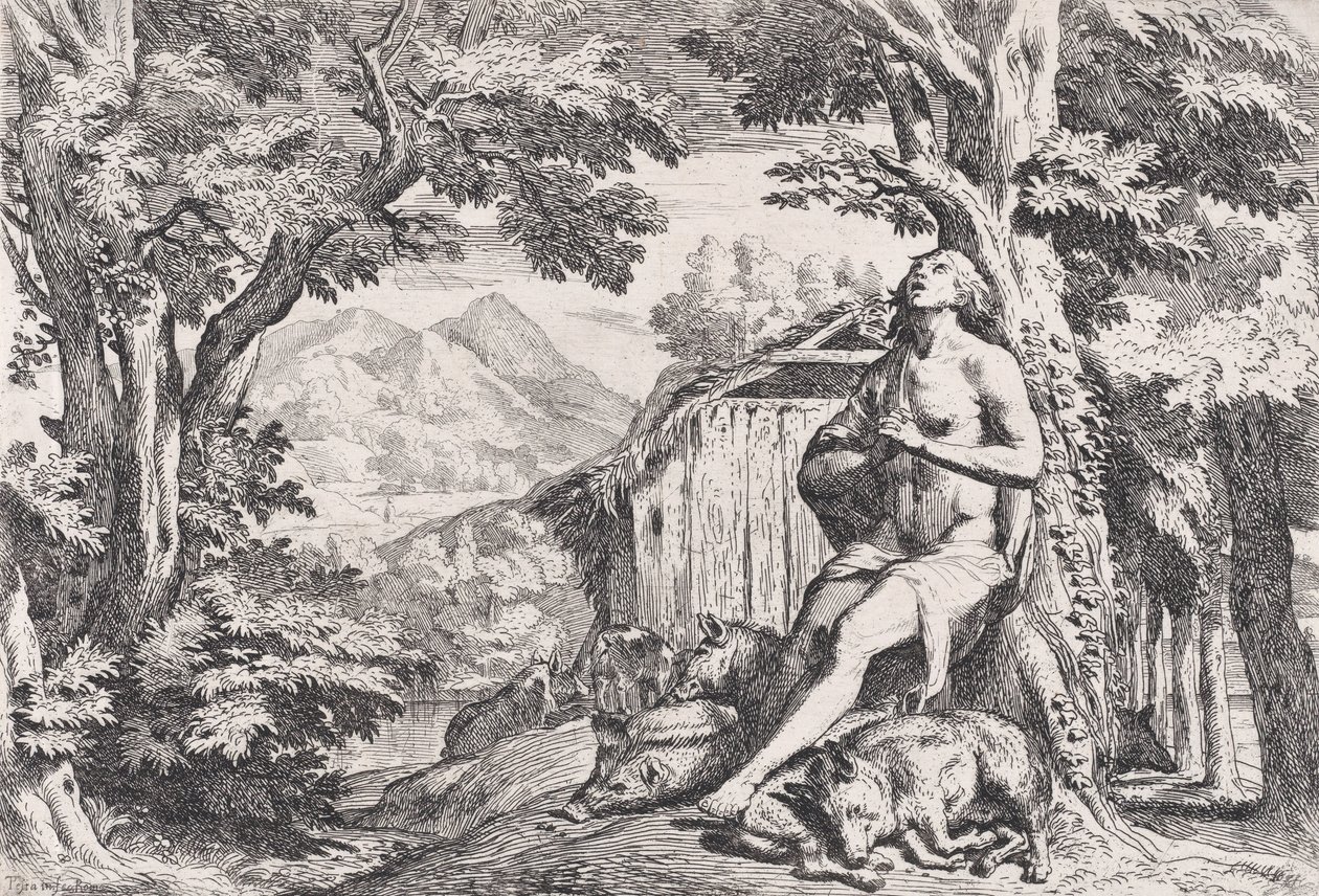 Marnotratný syn mezi prasaty, ze série čtyř tisků, ca. 1645. od Pietro Testa