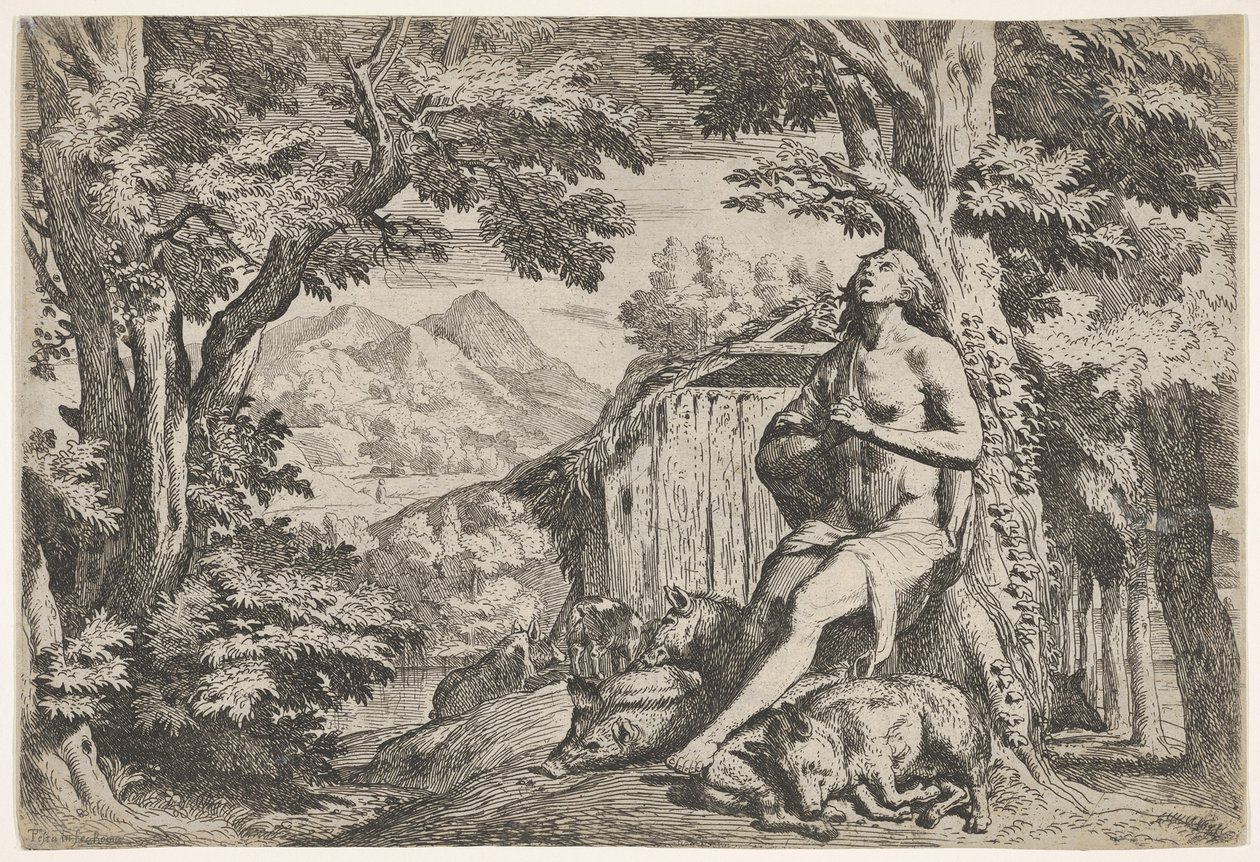 Marnotratný syn seděl na patě stromu mezi prasaty a jeho pohled směřoval vzhůru..., ca. 1640-50. od Pietro Testa